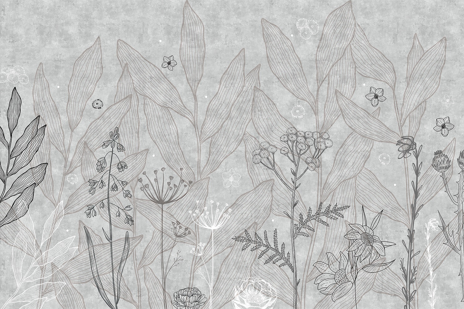 Minimalist grey floral sketch design - "tropical" wallpaper mural-inequal final