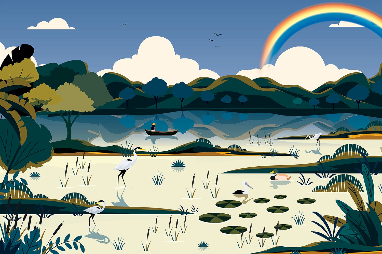 Scenic lakeside landscape in white - kids wallpaper mural-inequal final