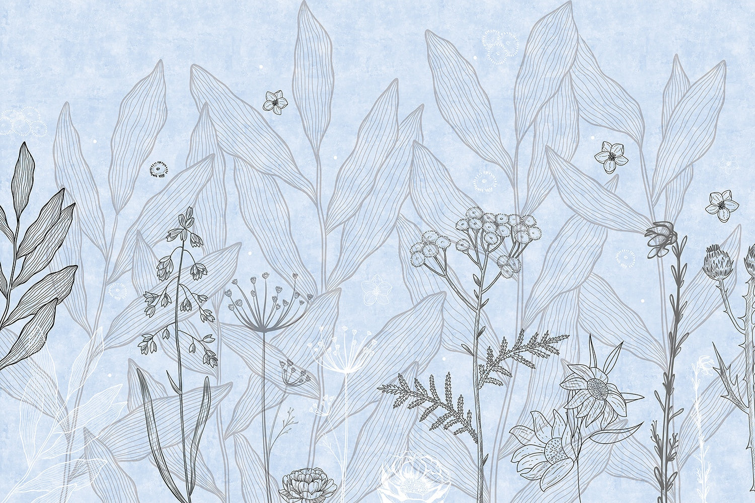 Minimalist blue floral sketch design - "tropical" wallpaper mural-inequal final