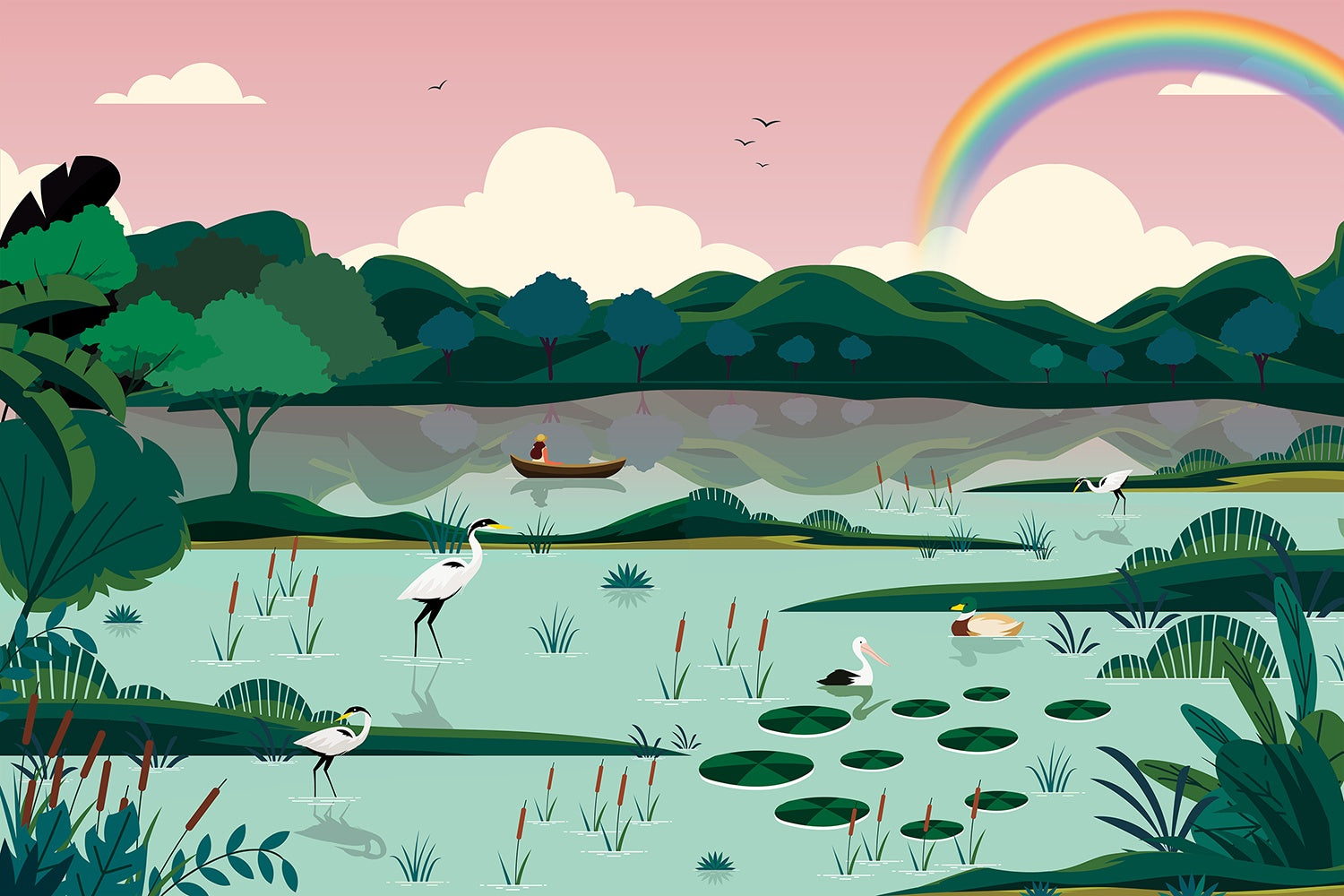 "Scenic lakeside landscape in teal - kids wallpaper mural-inequal final"