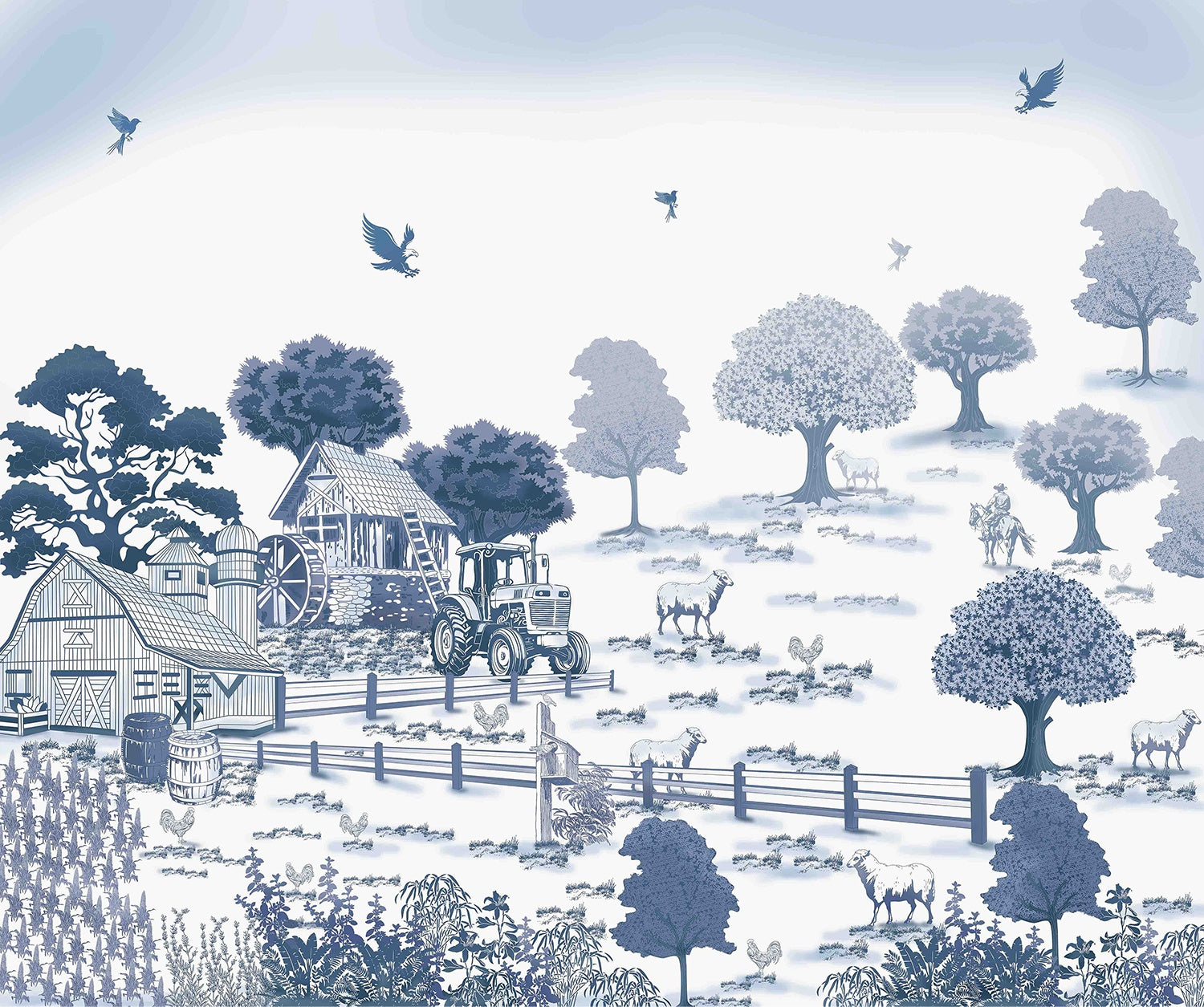Rustic farmstead scene in blue - "art" wallpaper mural-inequal final