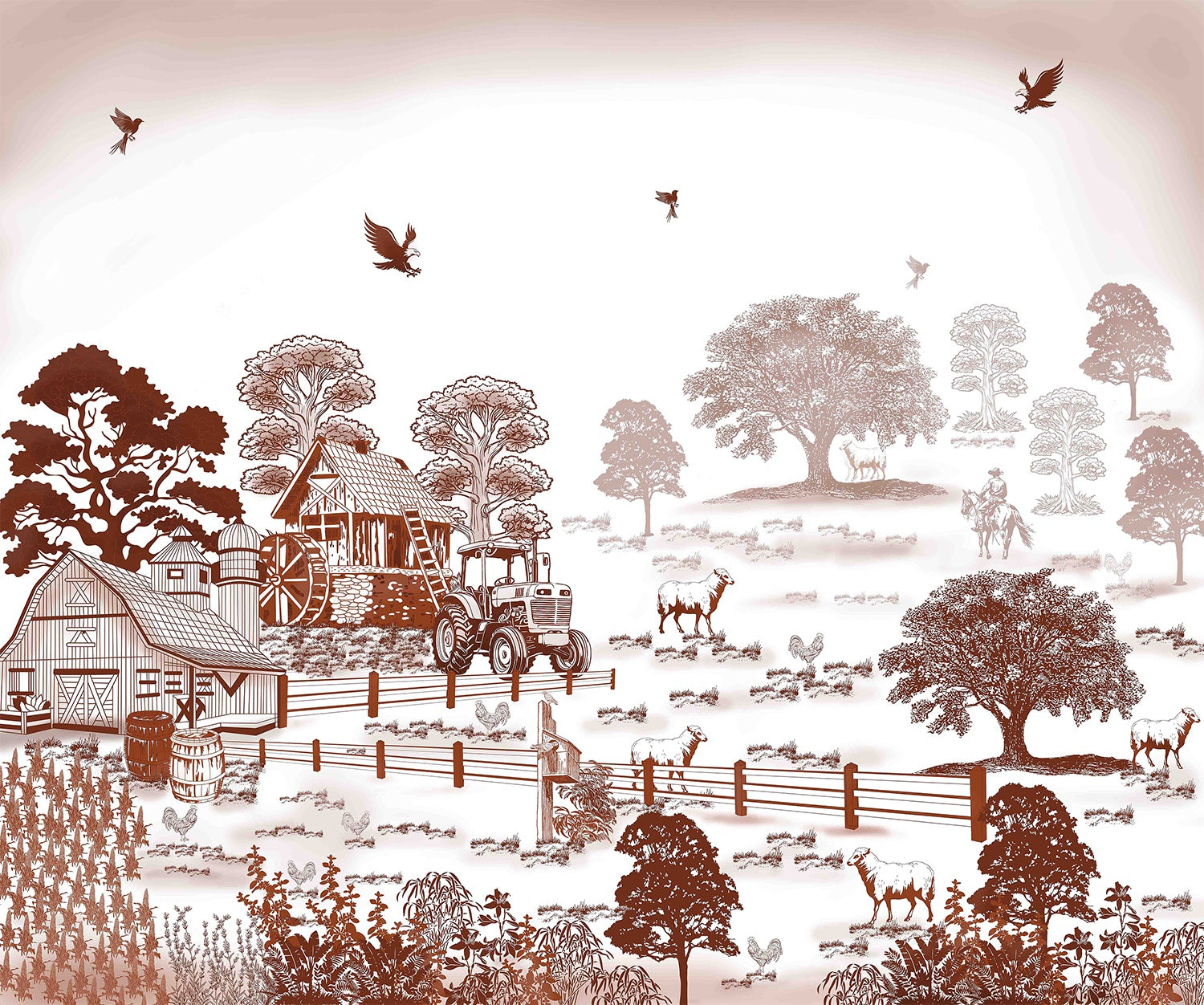 Rustic farmstead scene in beige - "art" wallpaper mural-inequal final