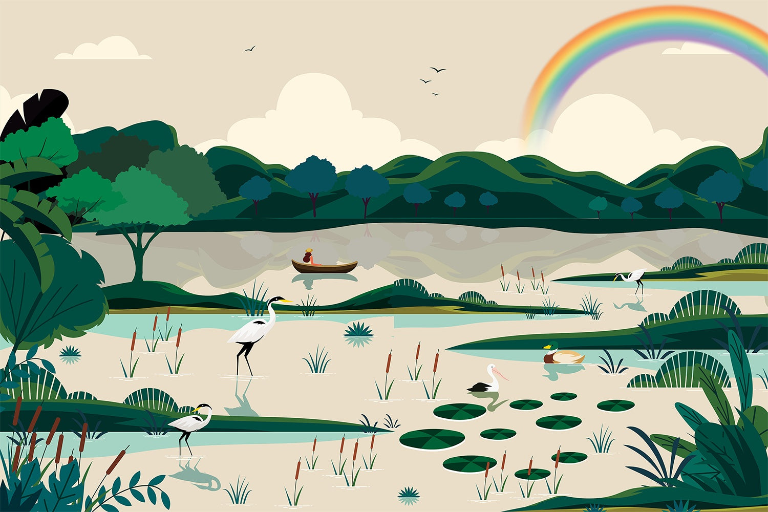 "Scenic lakeside landscape in beige - kids wallpaper mural-inequal final"