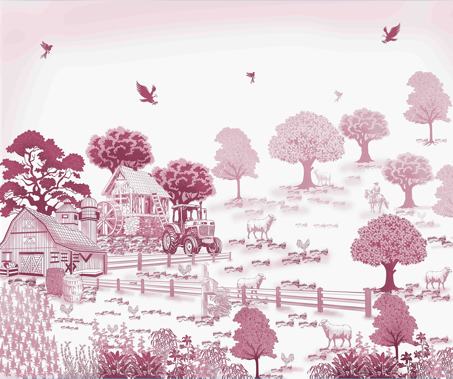 Rustic farmstead scene in pink - "art" wallpaper mural-inequal final