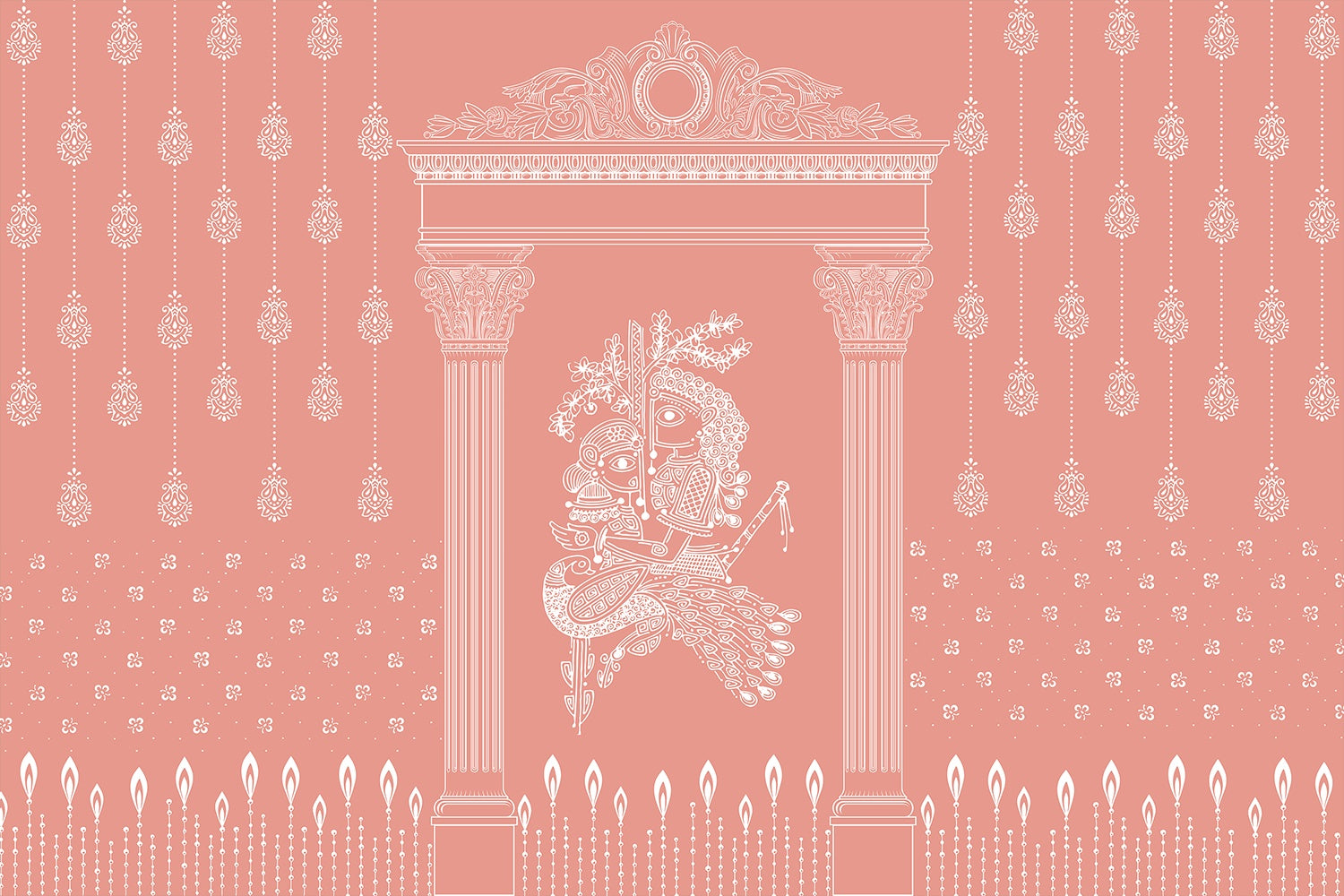 Radha Krishna mural in pink - religion wallpaper mural-inequal final