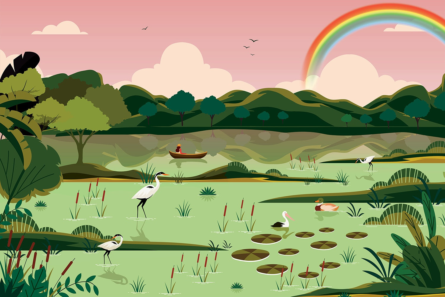 Scenic lakeside landscape in green - "kids" wallpaper mural-inequal final