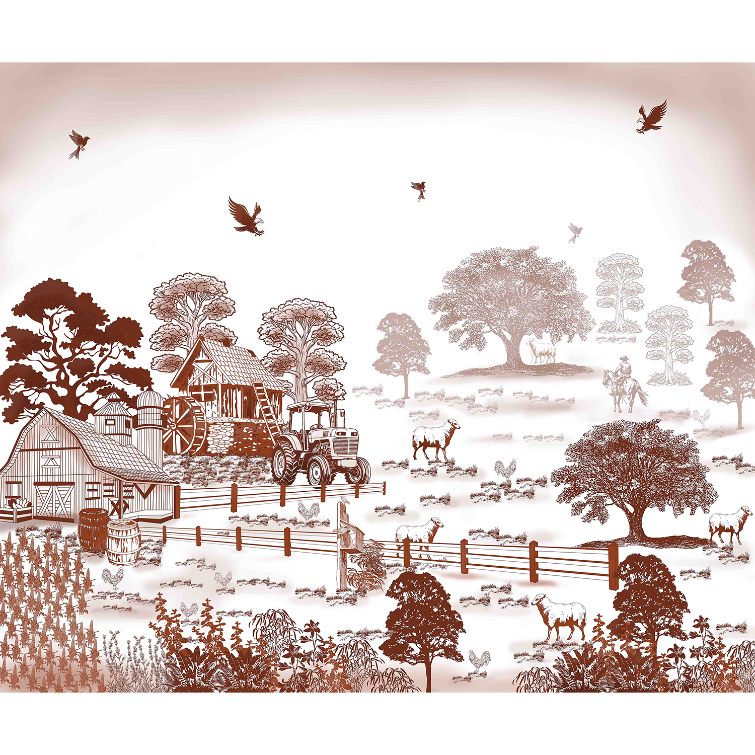 Rustic farmstead scene in beige - "art" wallpaper mural-equal final