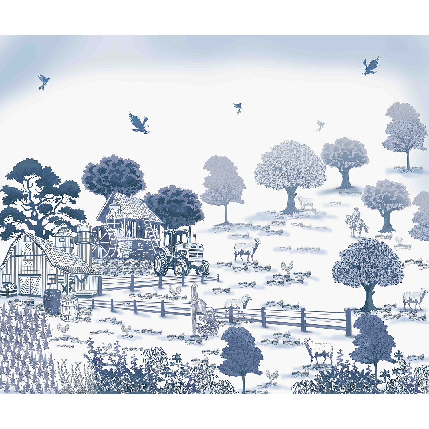 Rustic farmstead scene in blue - "art" wallpaper mural-equal final
