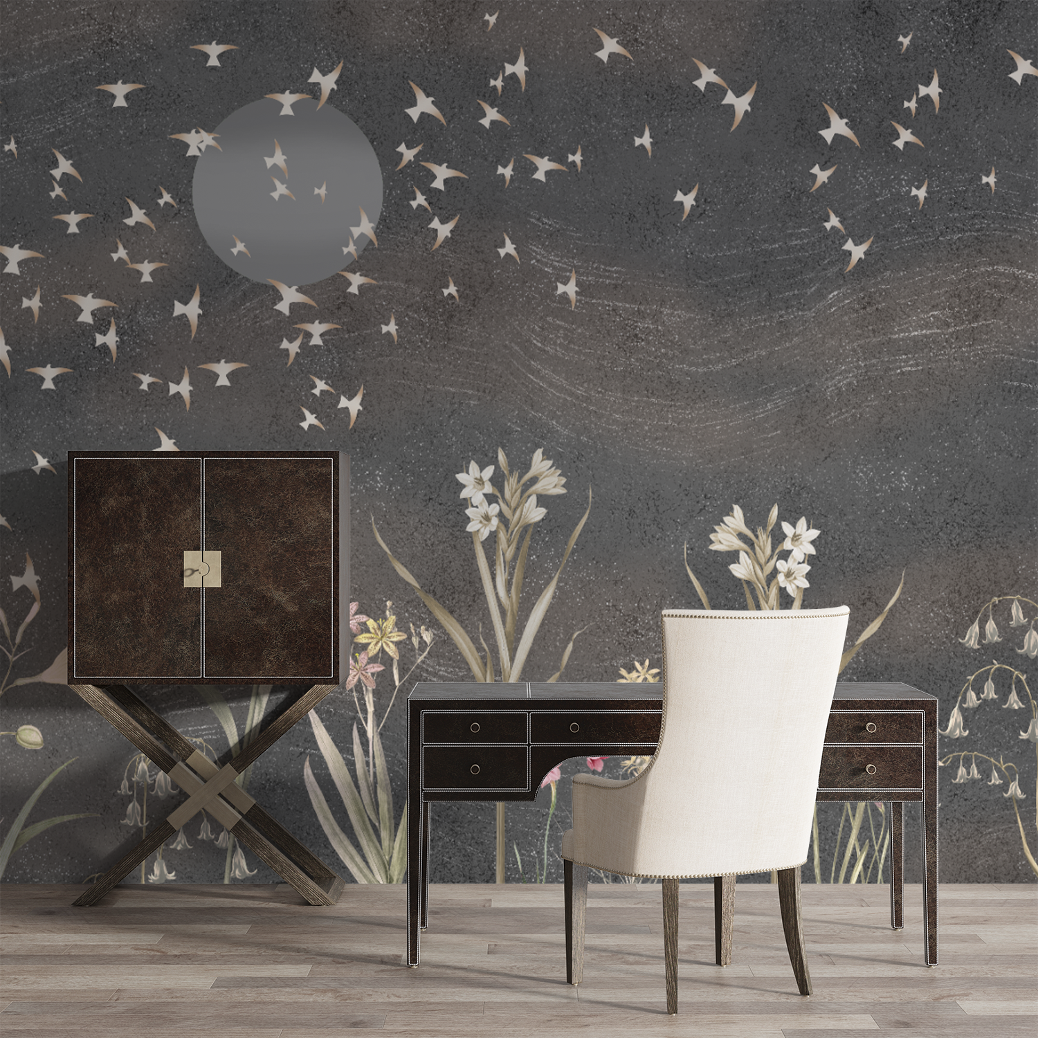 Mystical Night Garden Wallpaper – Dreamy Floral & Bird Silhouette