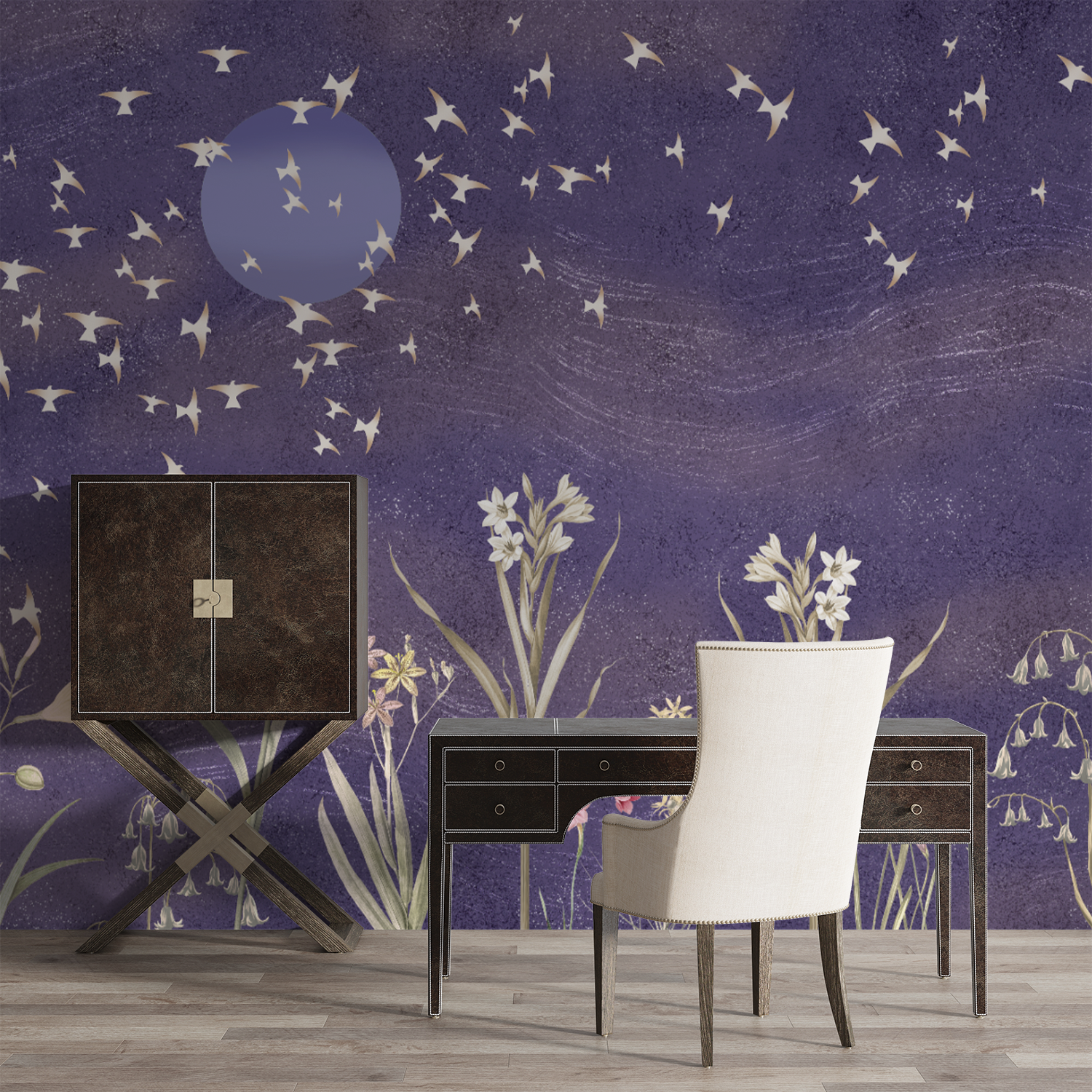 Mystical Night Garden Wallpaper – Dreamy Floral & Bird Silhouette