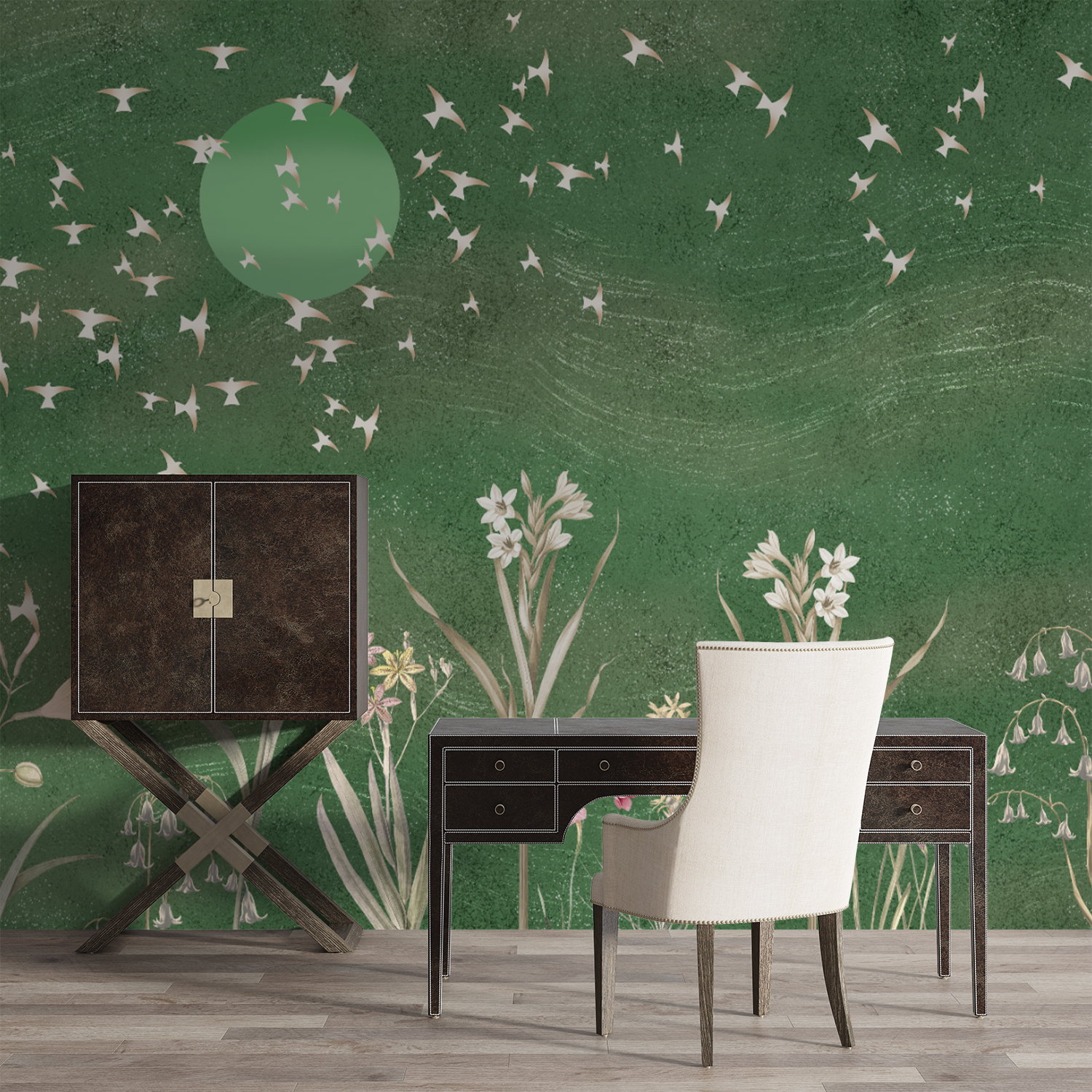 Mystical Night Garden Wallpaper – Dreamy Floral & Bird Silhouette