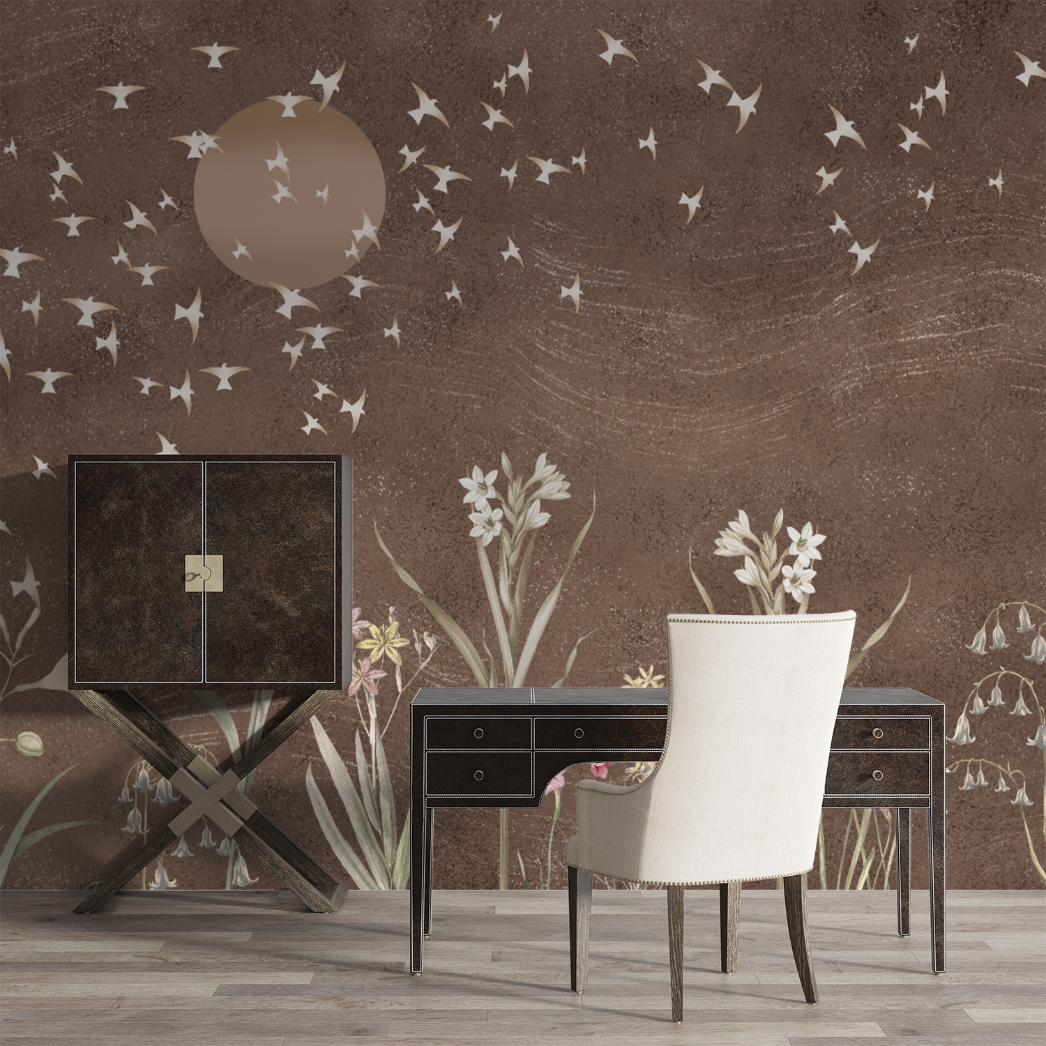 Mystical Night Garden Wallpaper – Dreamy Floral & Bird Silhouette