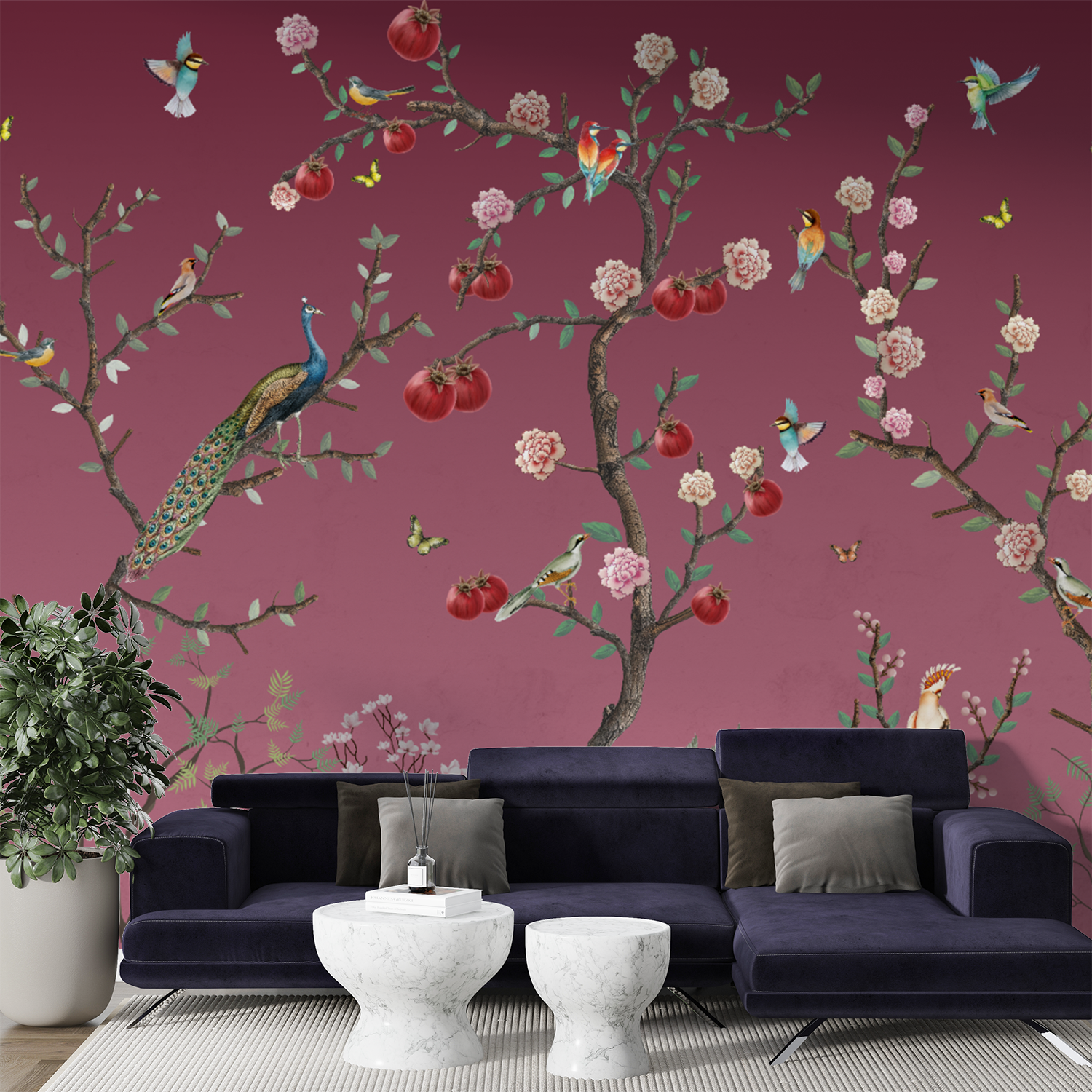 Chinoiserie Peacocks & Blossoms Wallpaper – Exotic Botanical Elegance