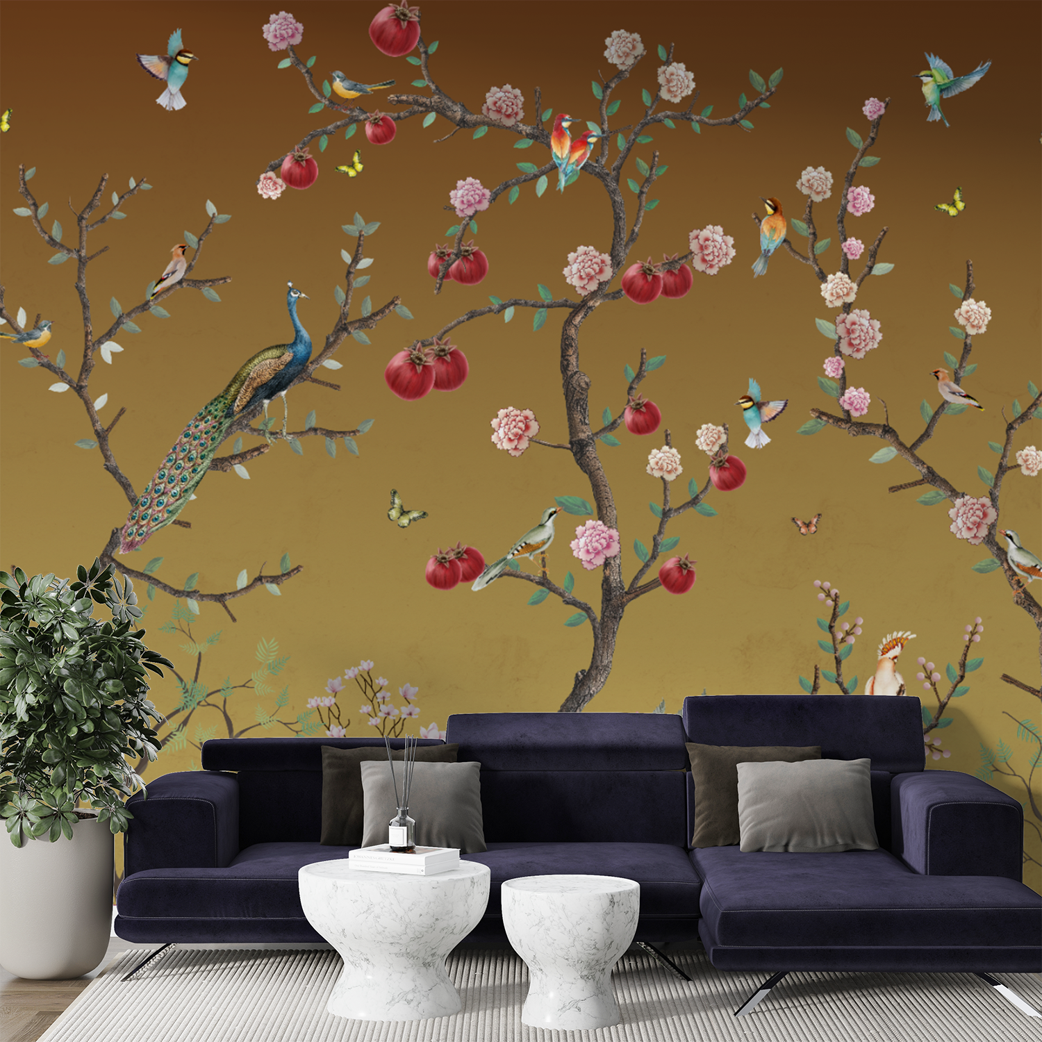Chinoiserie Peacocks & Blossoms Wallpaper – Exotic Botanical Elegance