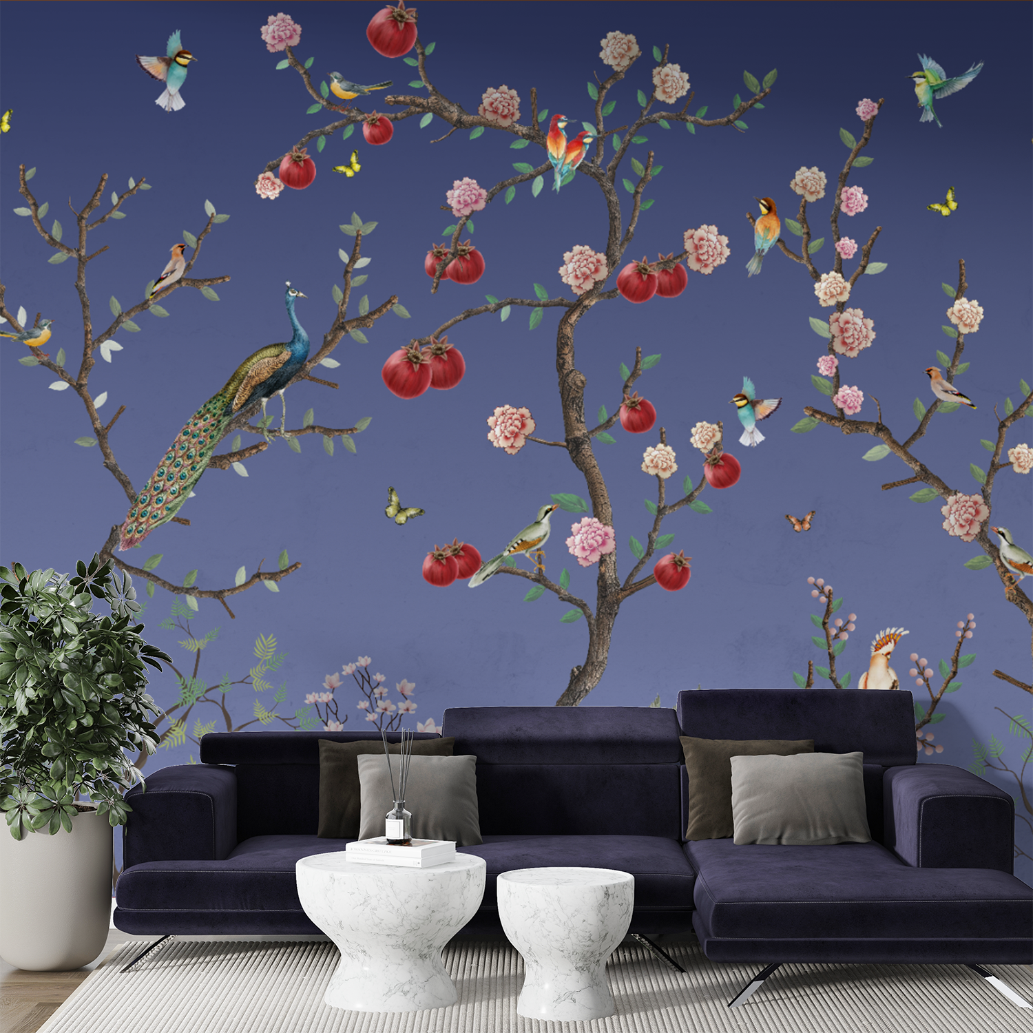 Chinoiserie Peacocks & Blossoms Wallpaper – Exotic Botanical Elegance