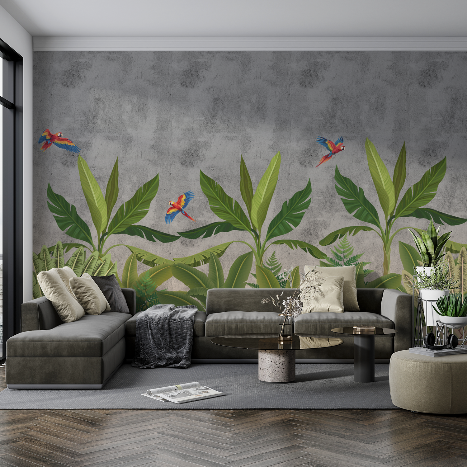 Exotic Rainforest Wallpaper – Lush Greenery with Vibrant Parrots