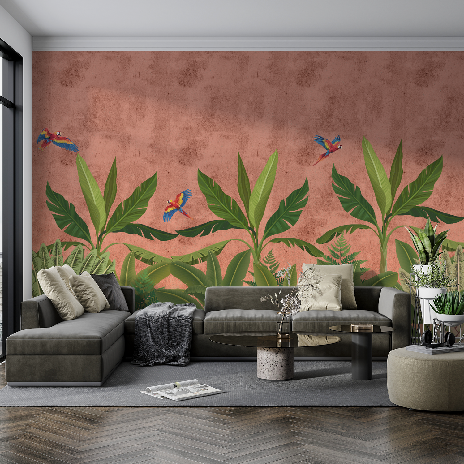 Exotic Rainforest Wallpaper – Lush Greenery with Vibrant Parrots