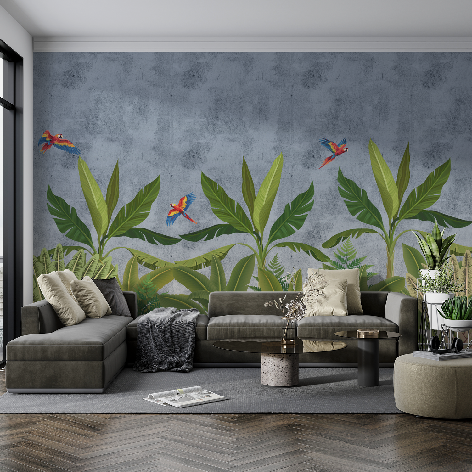 Exotic Rainforest Wallpaper – Lush Greenery with Vibrant Parrots
