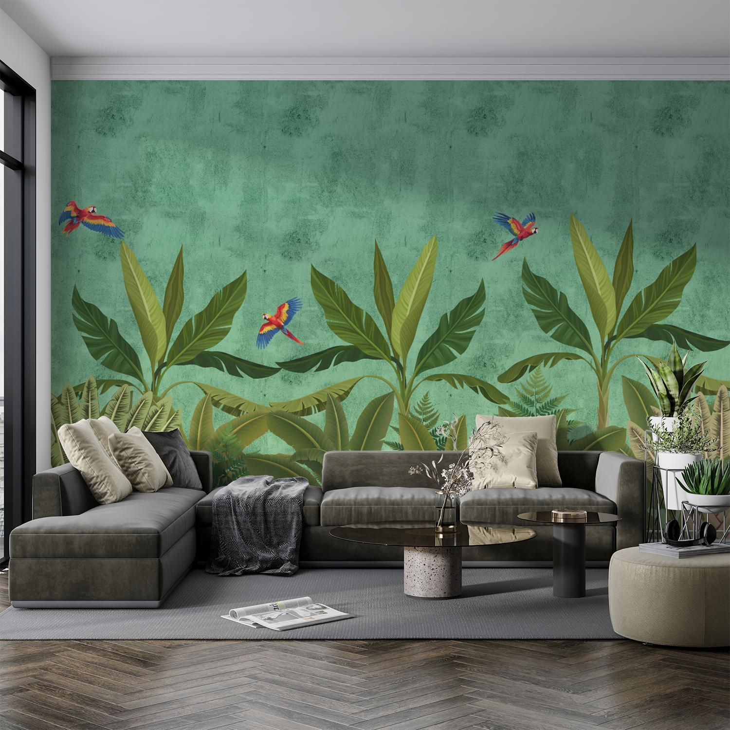 Exotic Rainforest Wallpaper – Lush Greenery with Vibrant Parrots