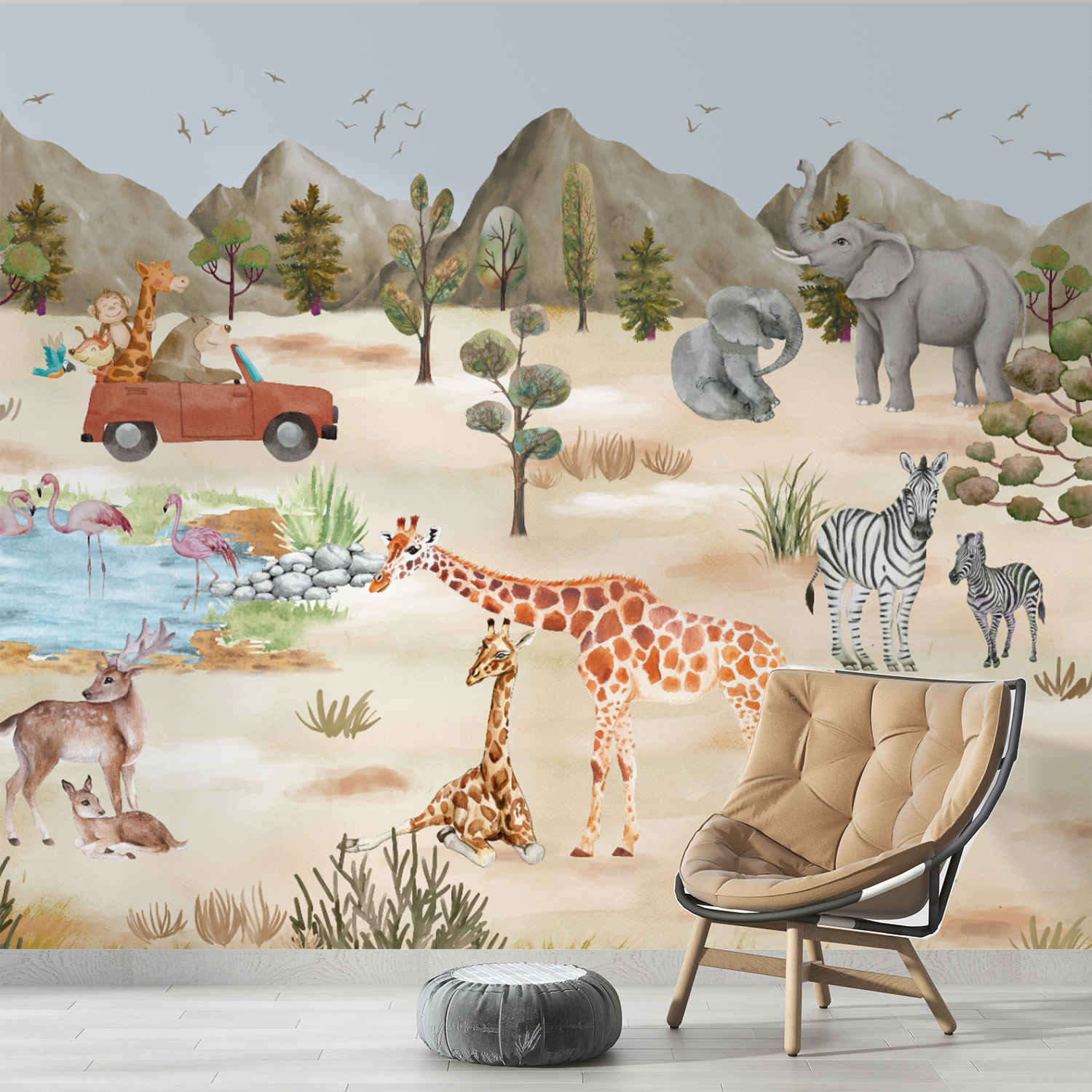 Safari Adventure Children's Wallpaper Mural – Whimsical Wildlife Scene