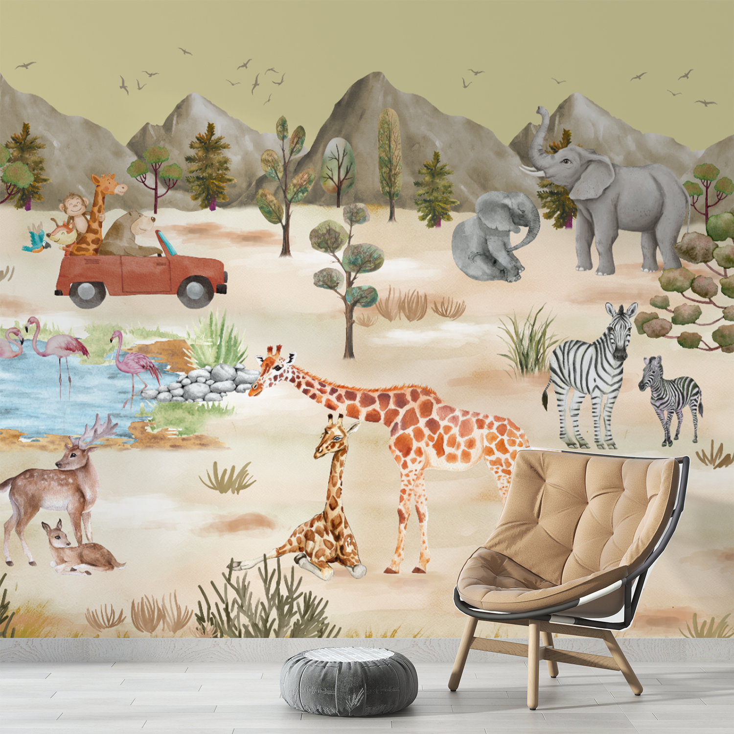 Safari Adventure Children's Wallpaper Mural – Whimsical Wildlife Scene