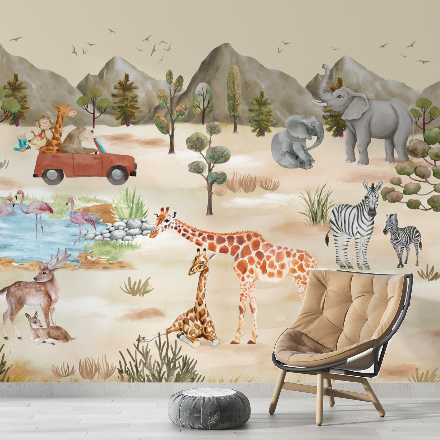 Safari Adventure Children's Wallpaper Mural – Whimsical Wildlife Scene