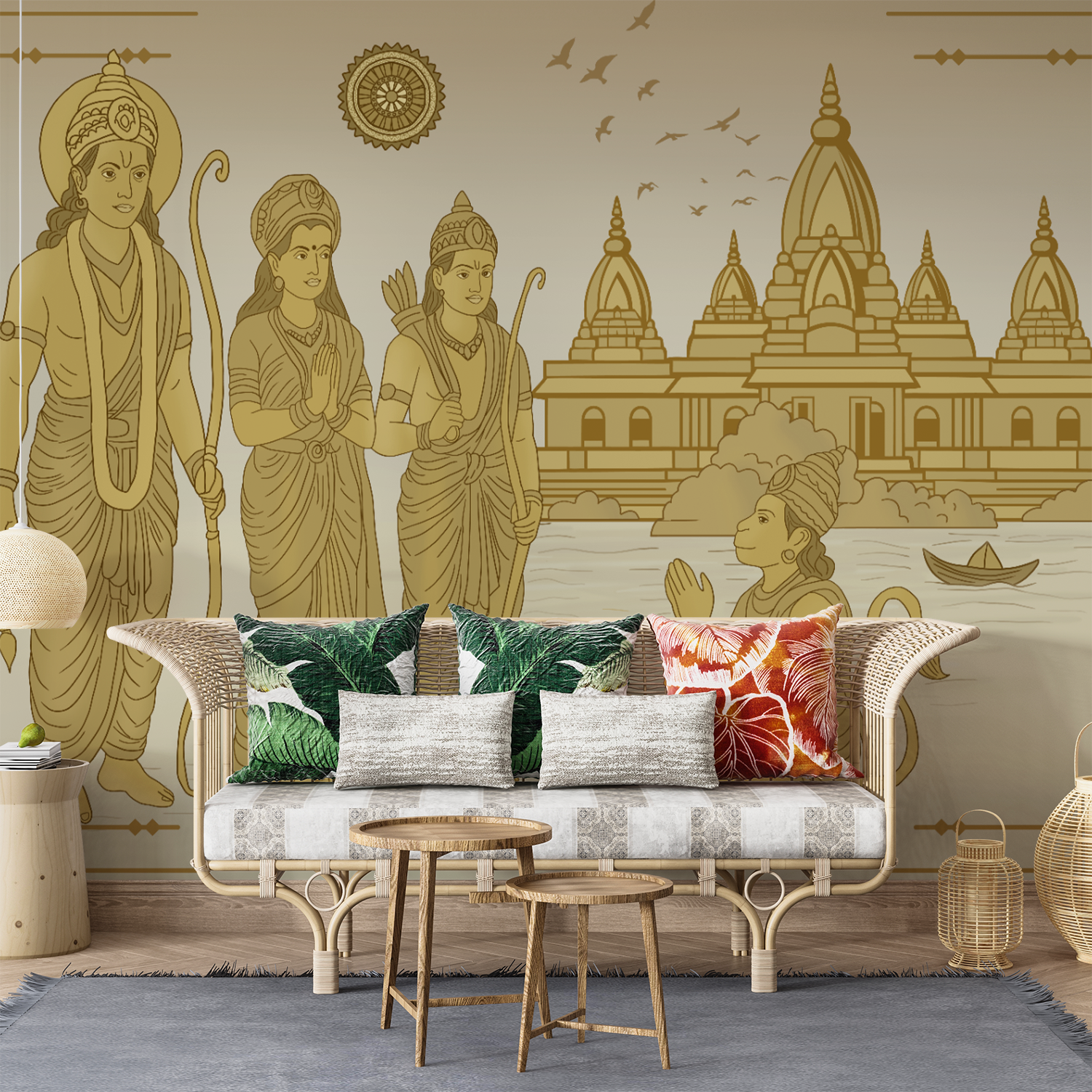 Ramayana Epic Mural – Lord Ram, Sita, Lakshman & Hanuman at Temple Shores