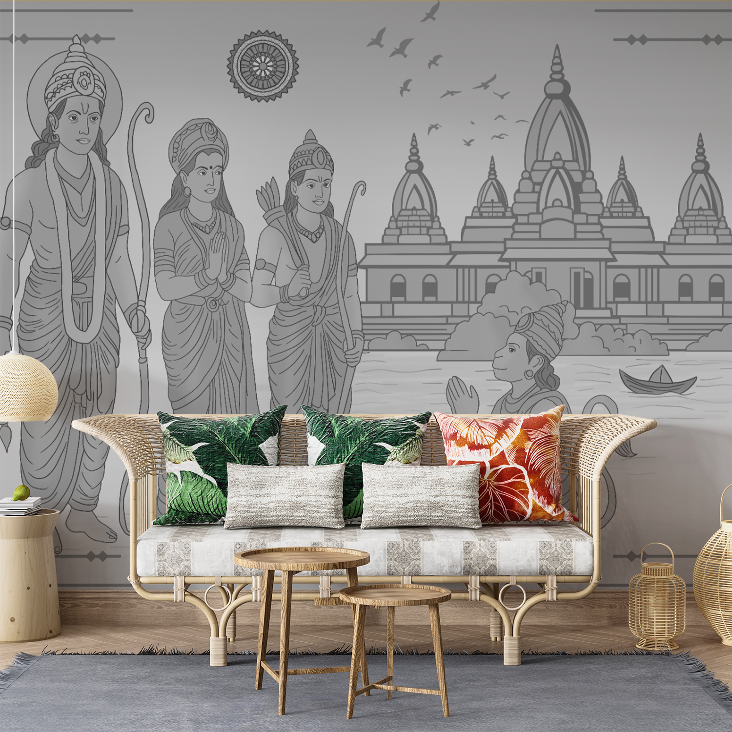 Ramayana Epic Mural – Lord Ram, Sita, Lakshman & Hanuman at Temple Shores