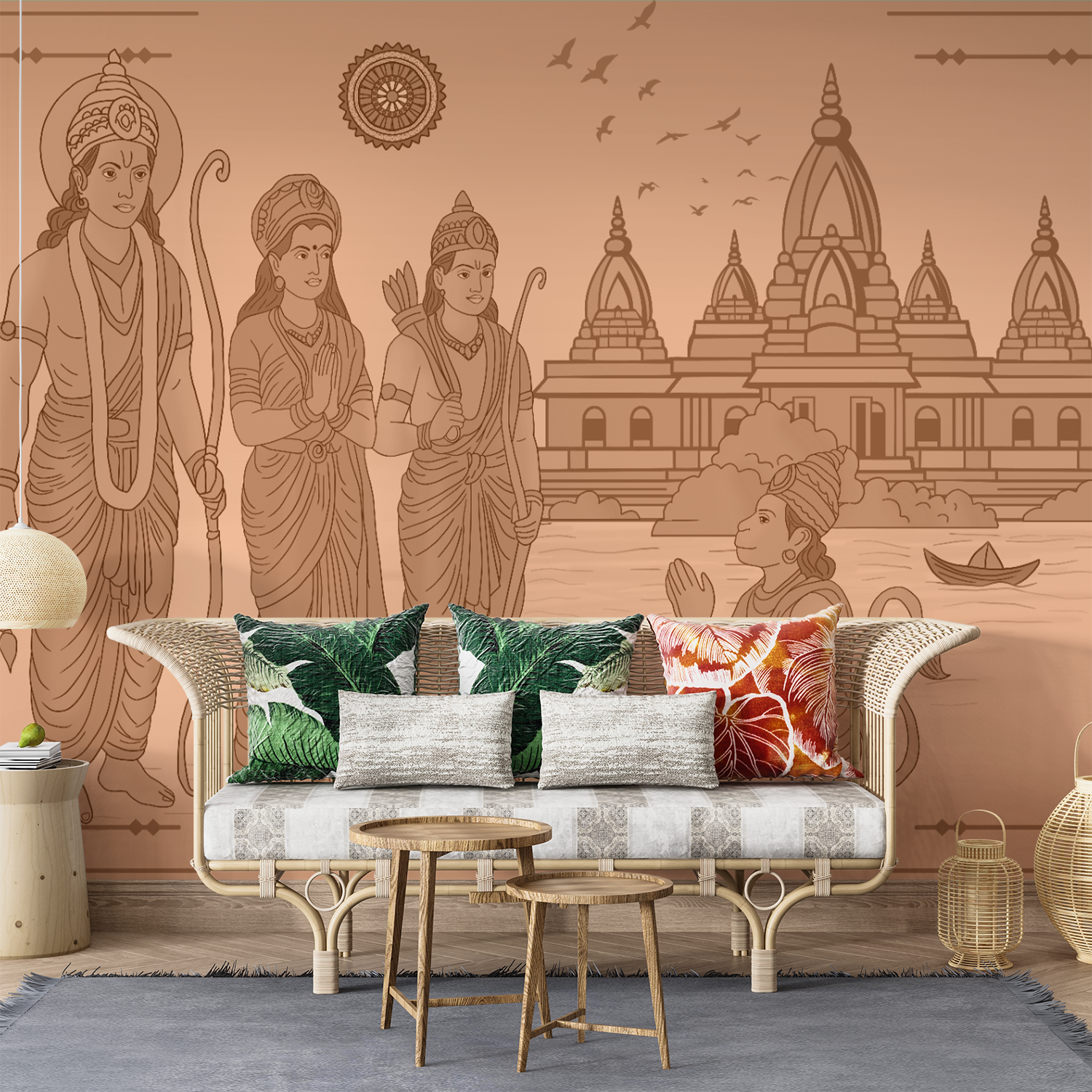 Ramayana Epic Mural – Lord Ram, Sita, Lakshman & Hanuman at Temple Shores