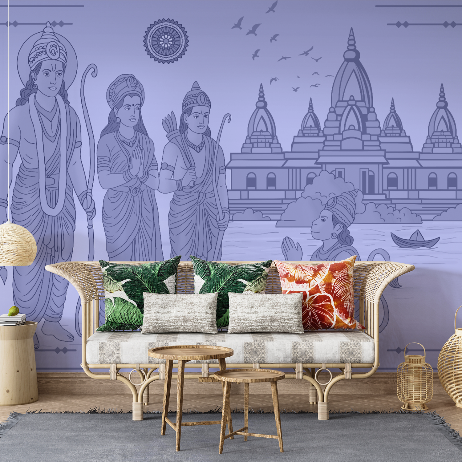Ramayana Epic Mural – Lord Ram, Sita, Lakshman & Hanuman at Temple Shores