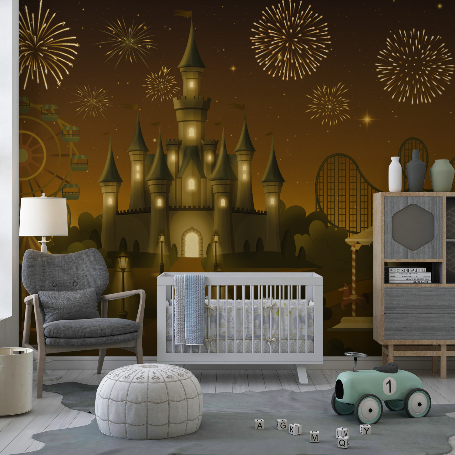 Magical Theme Park Night Wall Art – Fantasy Castle, Fireworks & Fun Rides