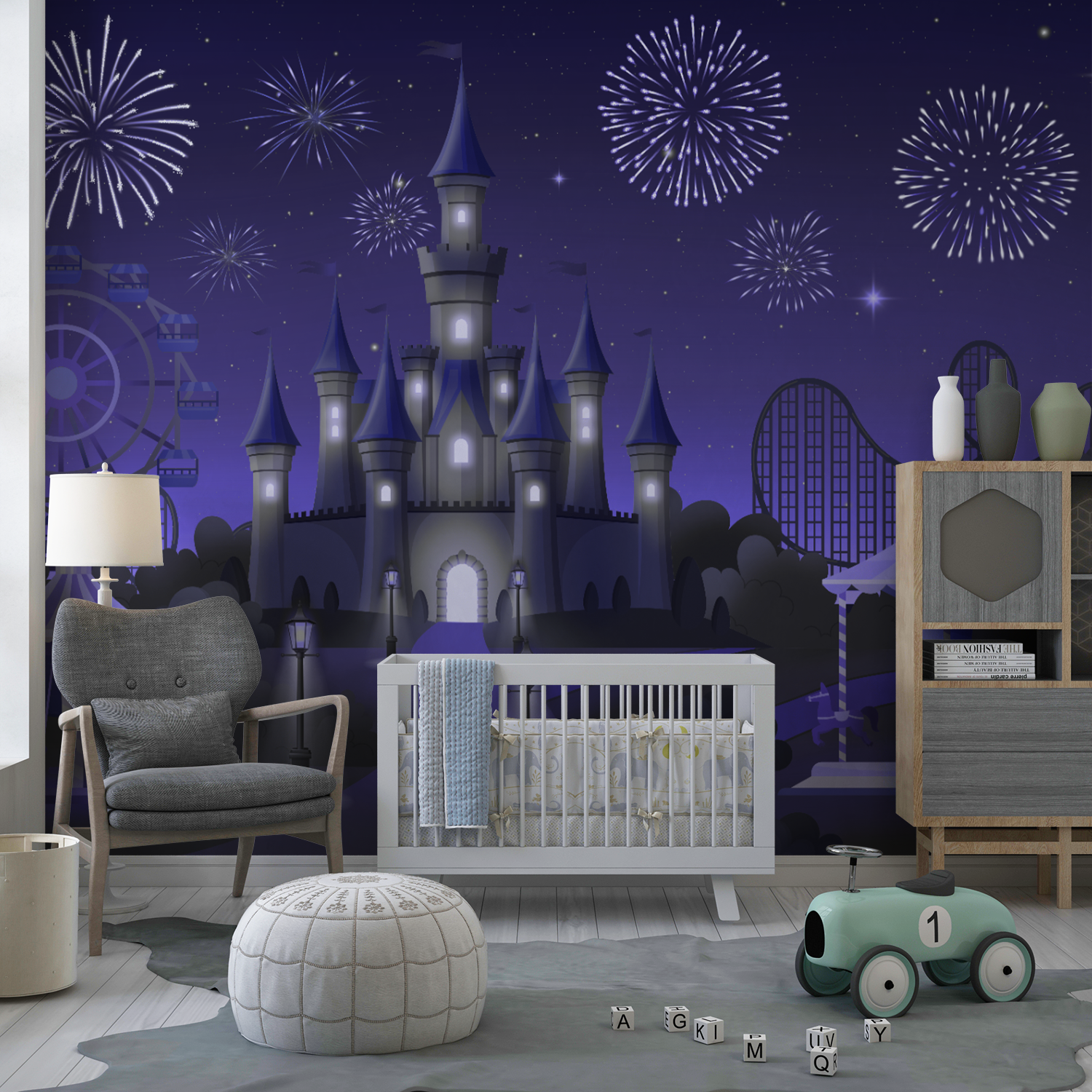 Magical Theme Park Night Wall Art – Fantasy Castle, Fireworks & Fun Rides