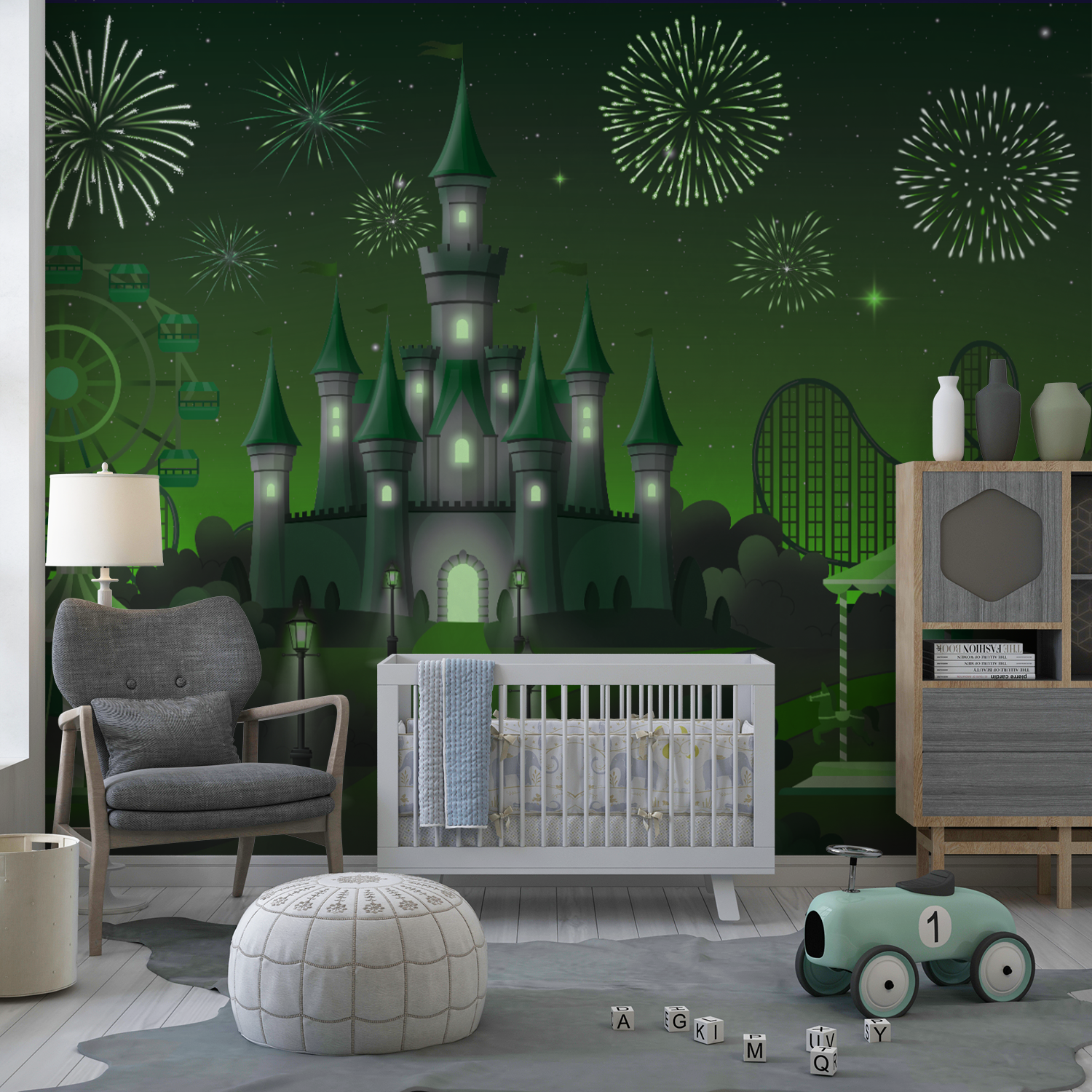 Magical Theme Park Night Wall Art – Fantasy Castle, Fireworks & Fun Rides