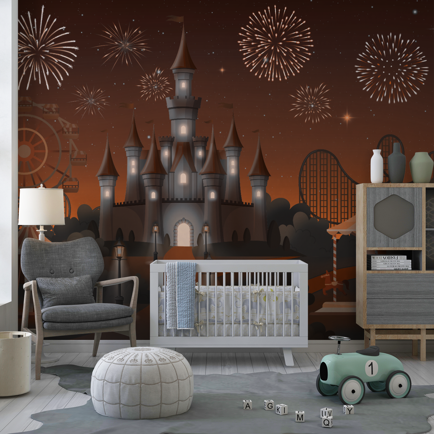 Magical Theme Park Night Wall Art – Fantasy Castle, Fireworks & Fun Rides