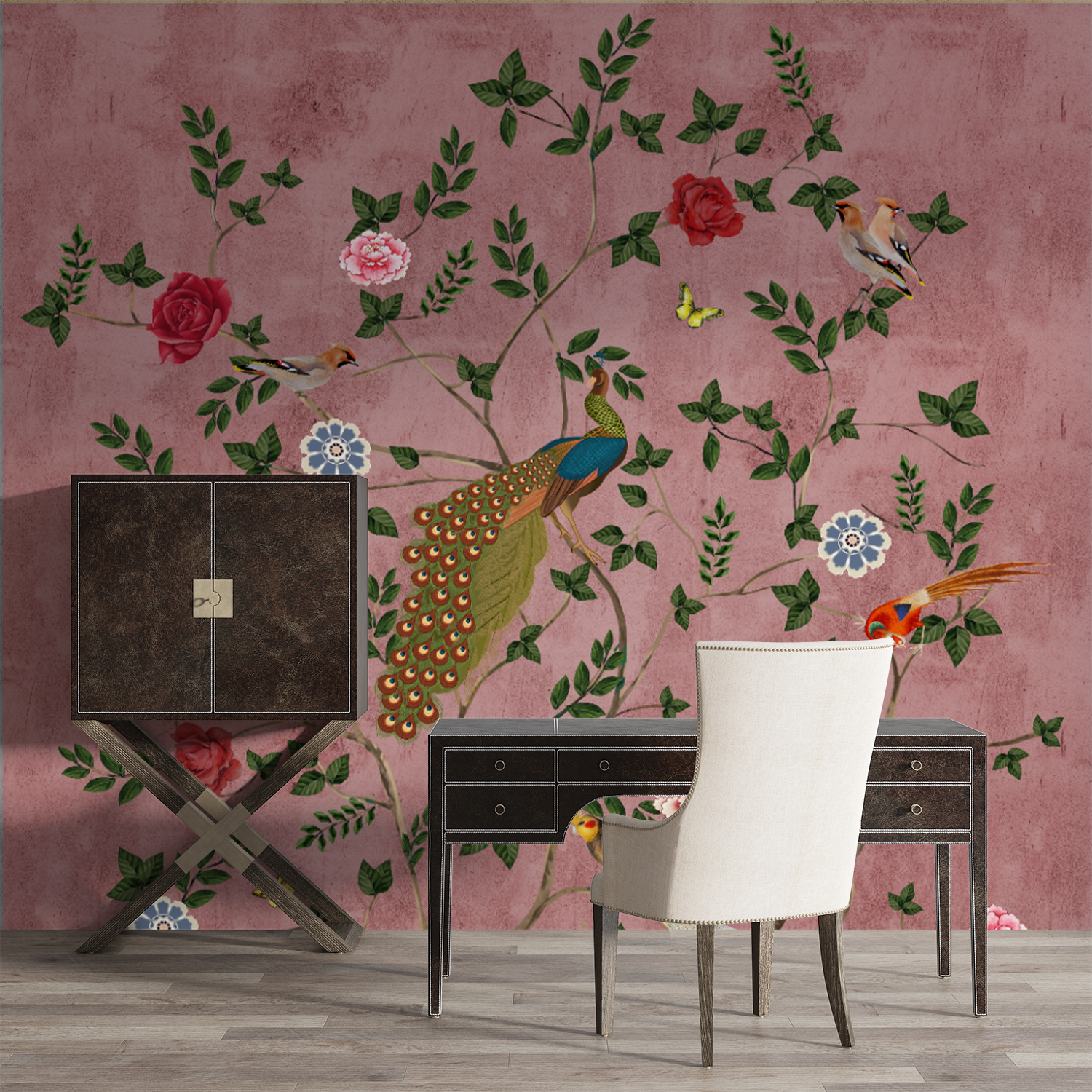 Peacock & Floral Vine Mural – Timeless Nature-Inspired Elegance