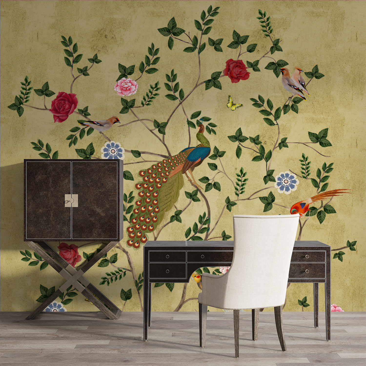 Peacock & Floral Vine Mural – Timeless Nature-Inspired Elegance