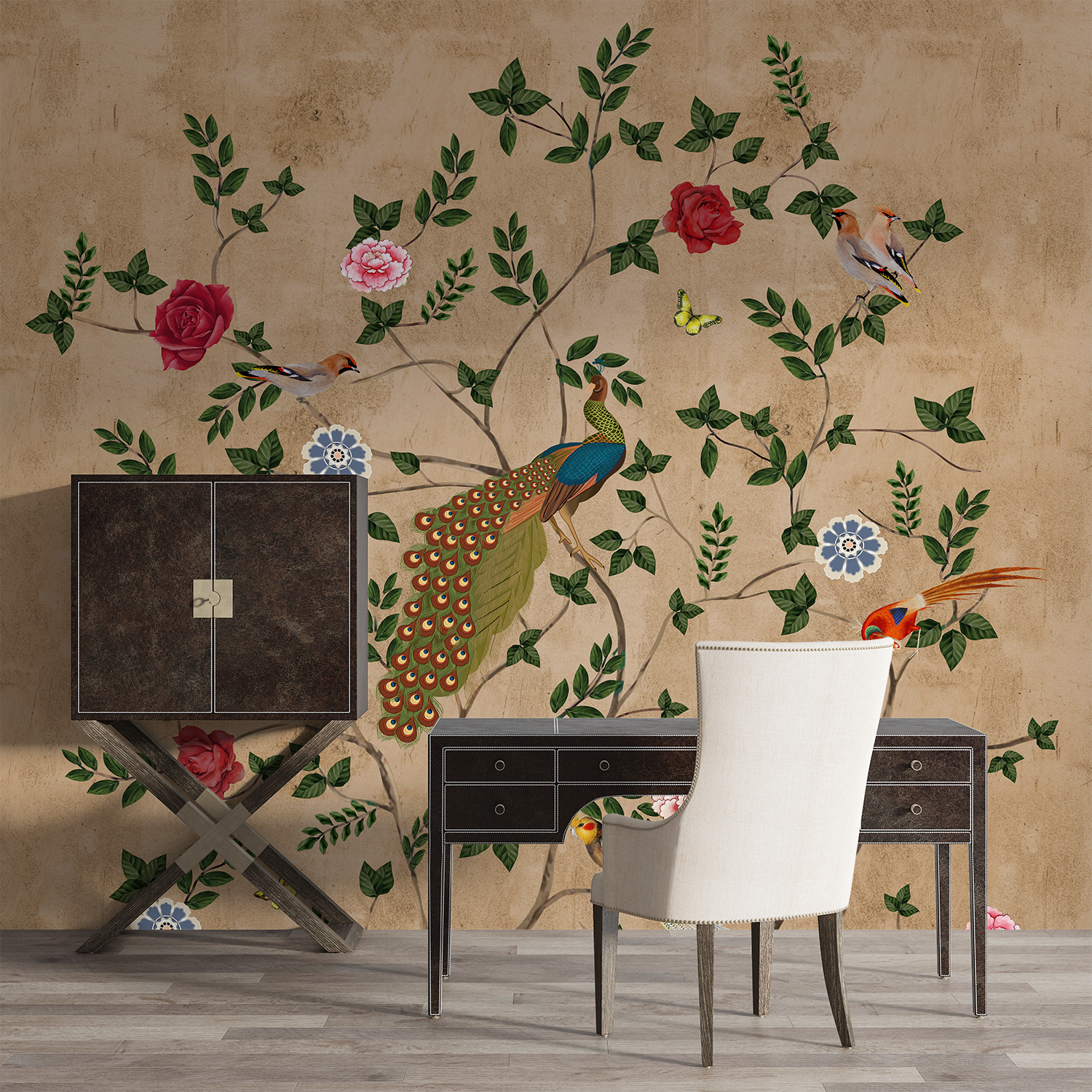 Peacock & Floral Vine Mural – Timeless Nature-Inspired Elegance