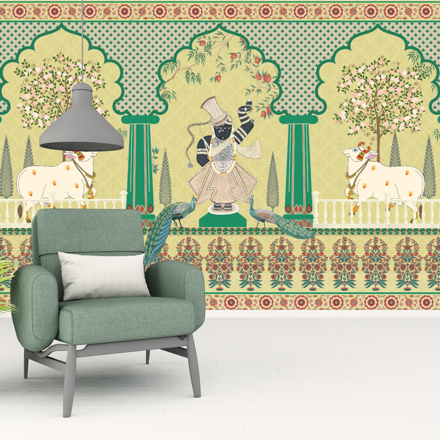 Pichwai Krishna Divine Elegance Wallpaper – Traditional Indian Wall Mural