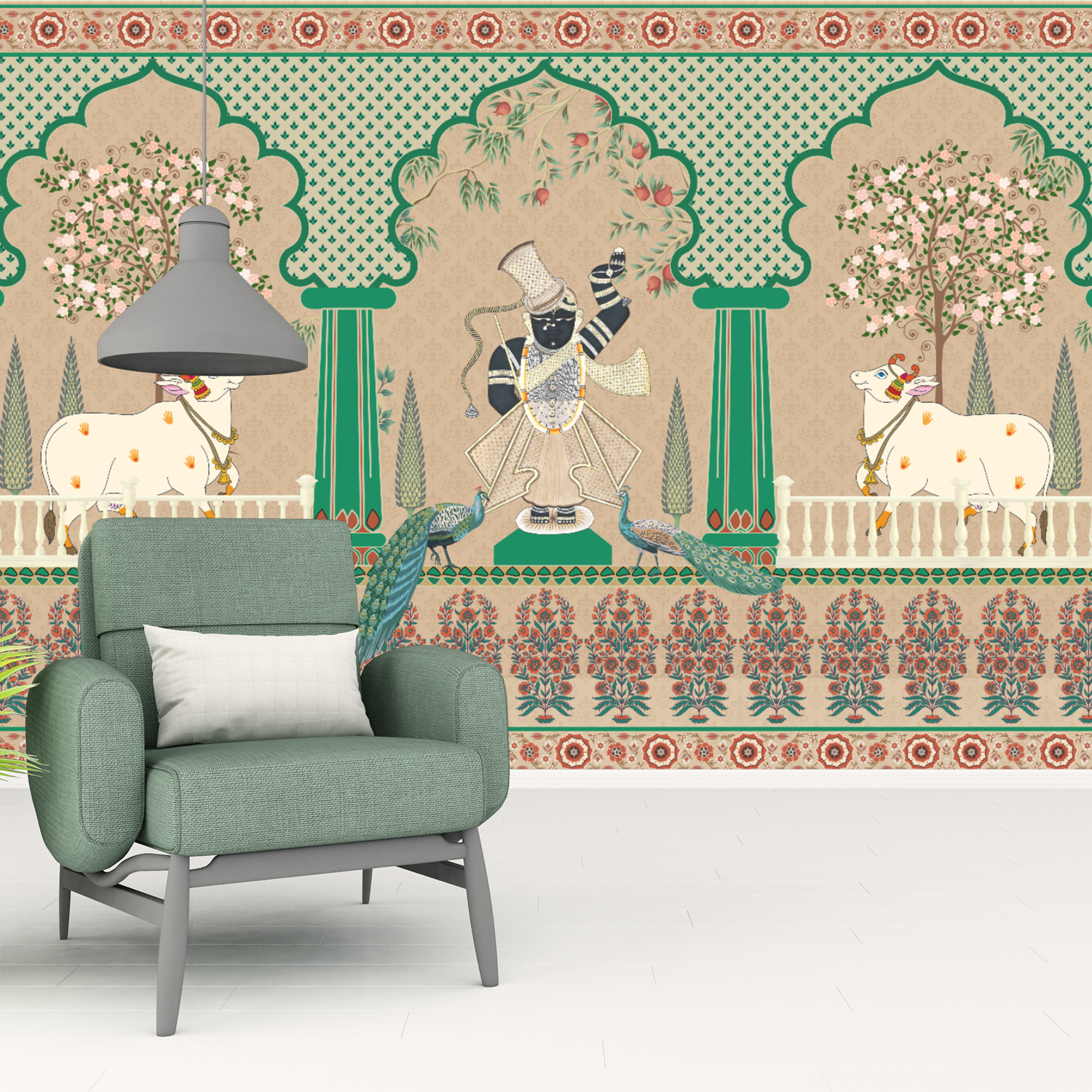 Pichwai Krishna Divine Elegance Wallpaper – Traditional Indian Wall Mural