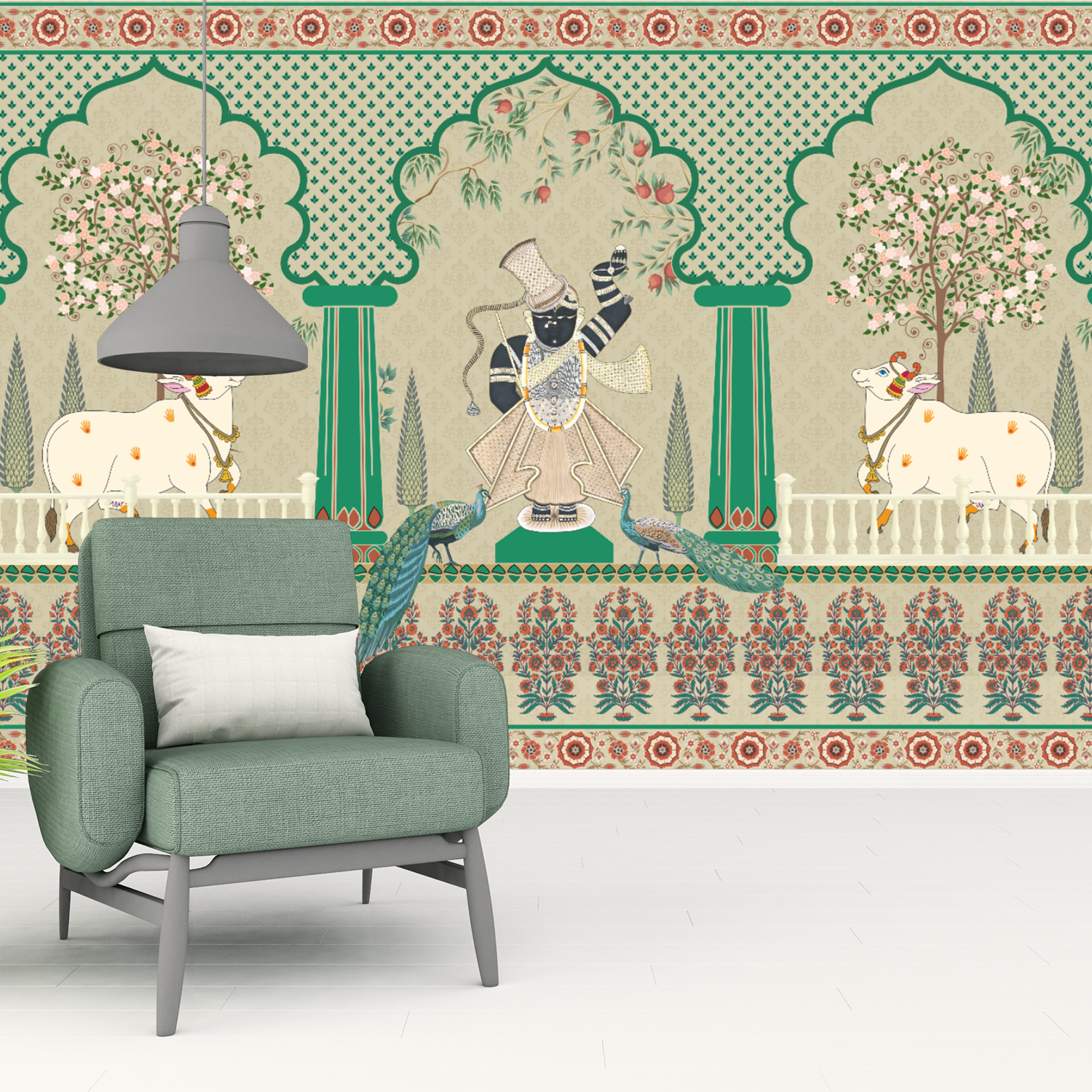 Pichwai Krishna Divine Elegance Wallpaper – Traditional Indian Wall Mural