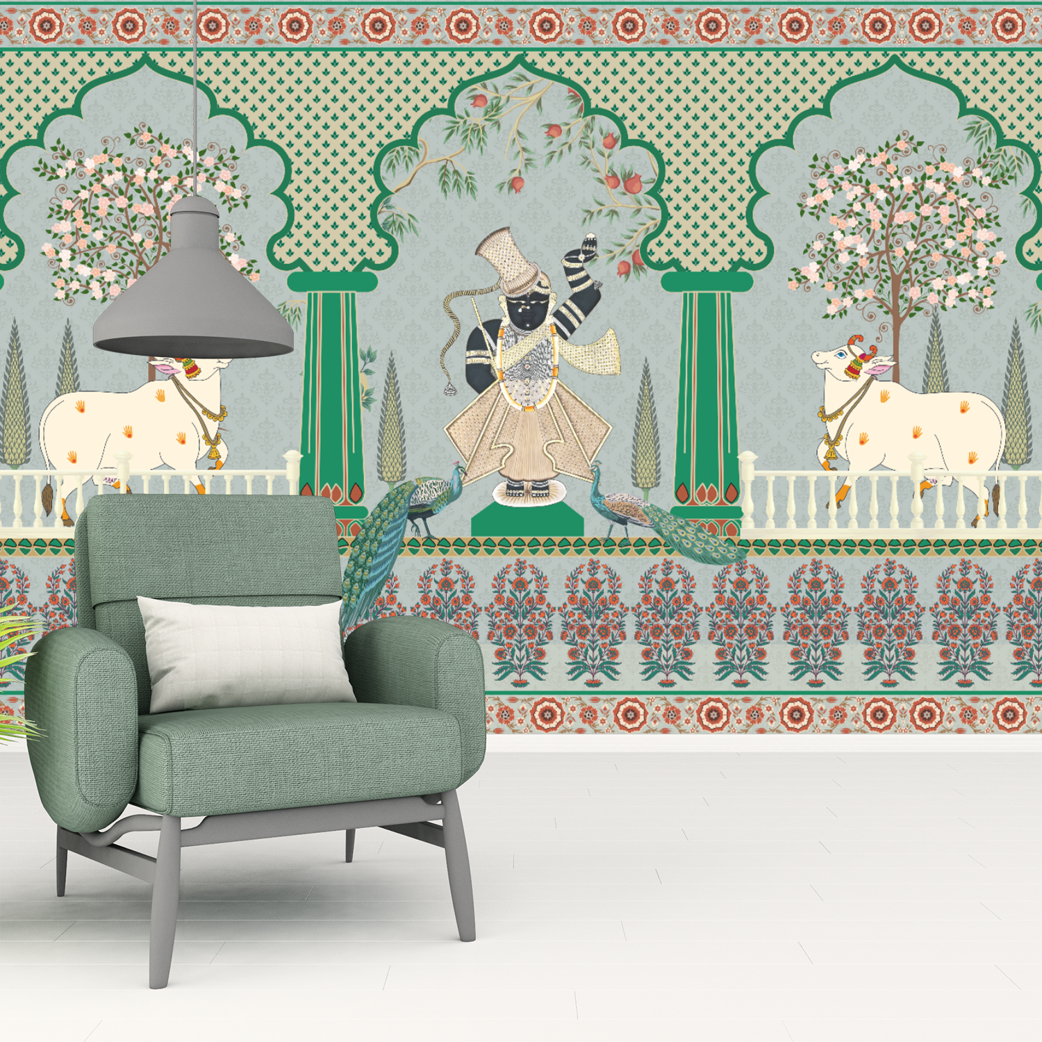 Pichwai Krishna Divine Elegance Wallpaper – Traditional Indian Wall Mural