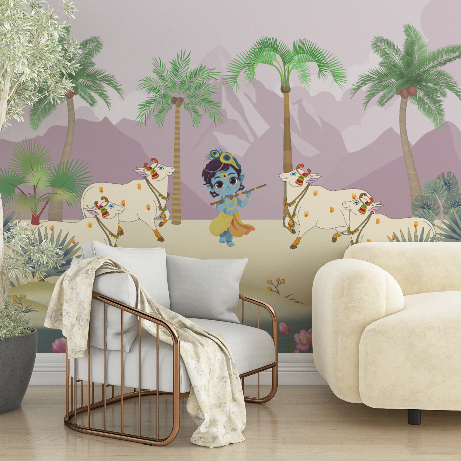 Krishna’s Divine Pasture Wallpaper – A Serene Indian Landscape