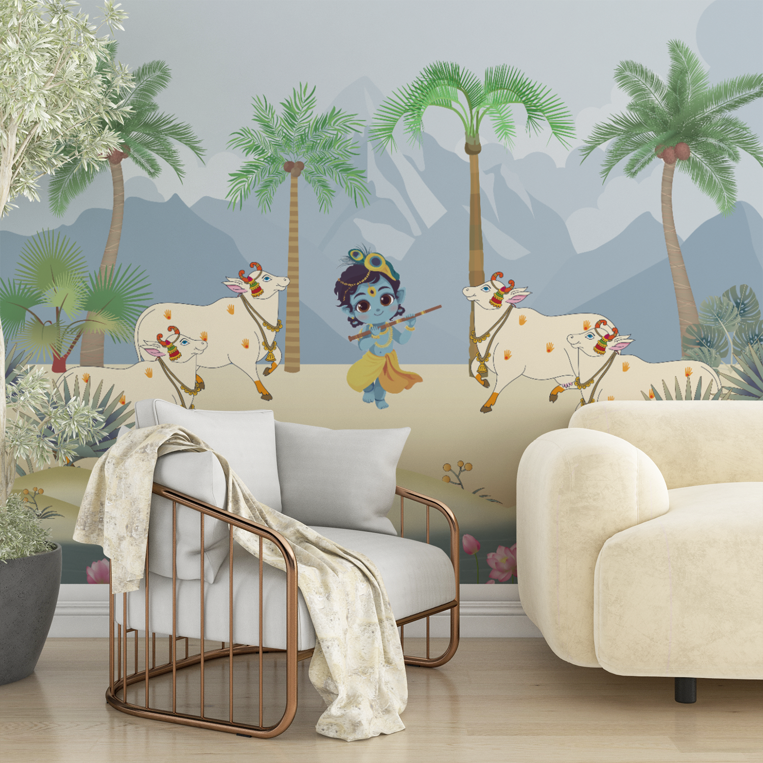 Krishna’s Divine Pasture Wallpaper – A Serene Indian Landscape