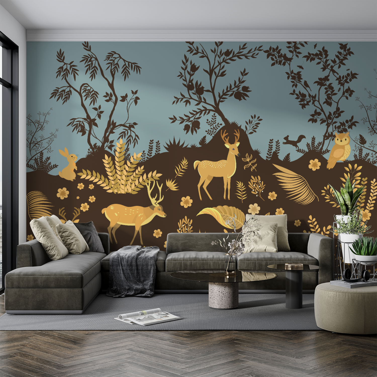 Golden Forest Wildlife Wallpaper – Elegant Woodland Deer & Nature Scene