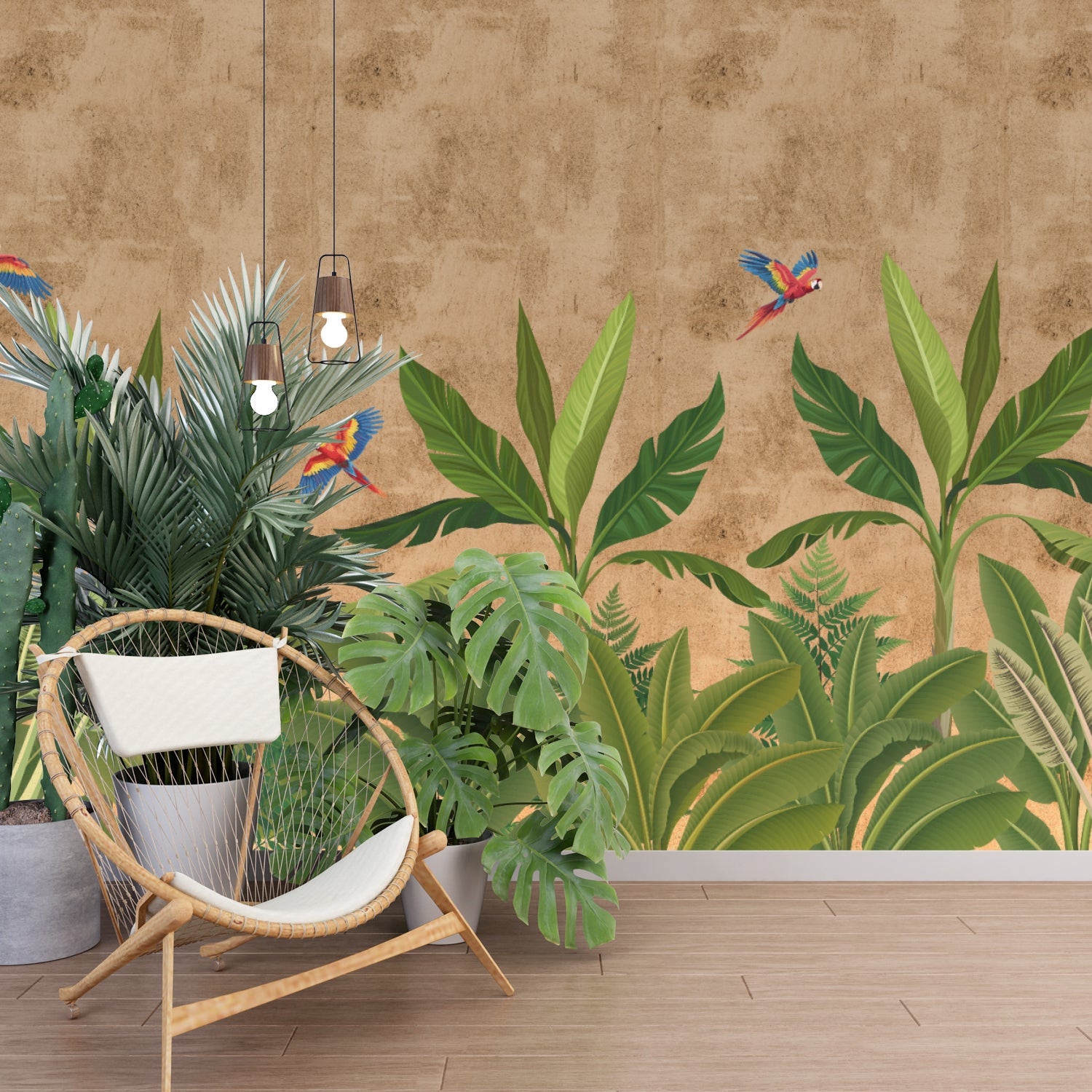 Exotic Rainforest Wallpaper – Lush Greenery with Vibrant Parrots