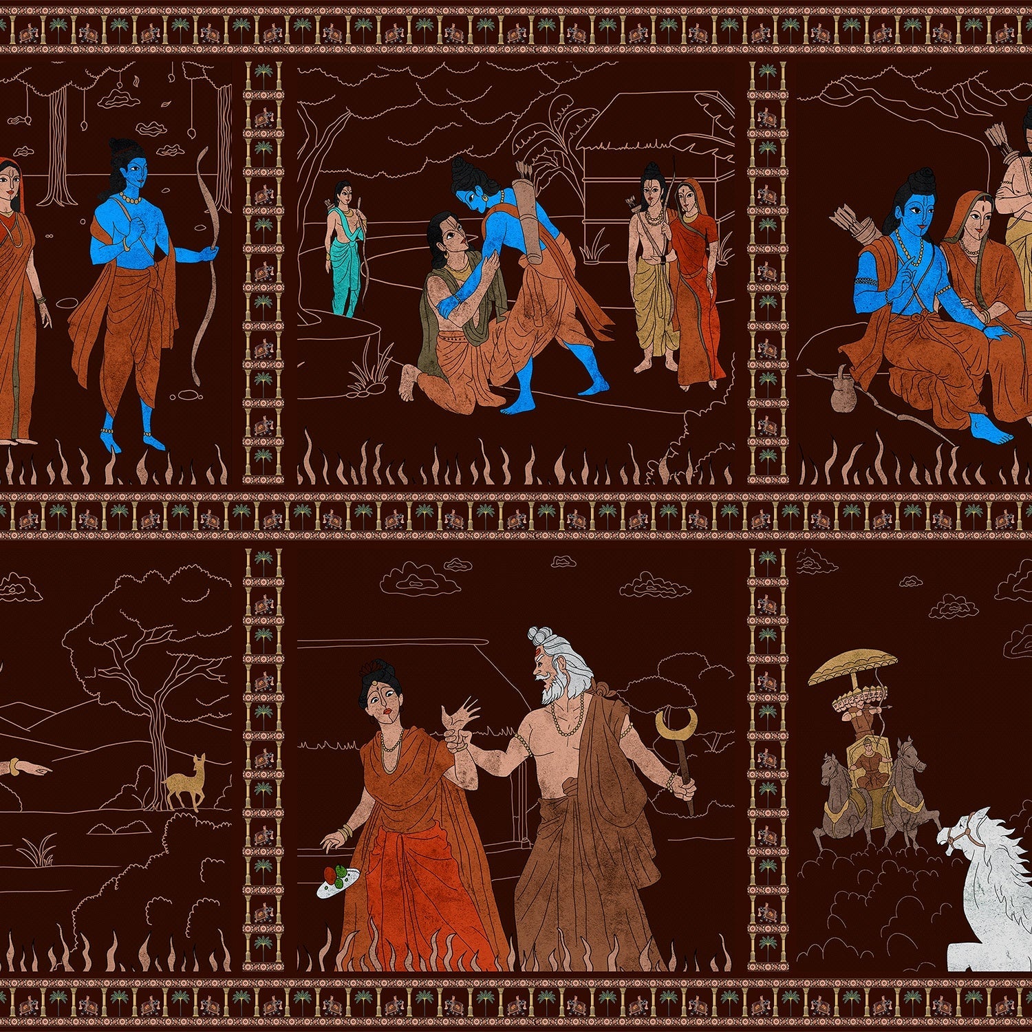 Classical Mediterranean frieze depicting mythological scenes in brown and blue on dark background - view 2 - final