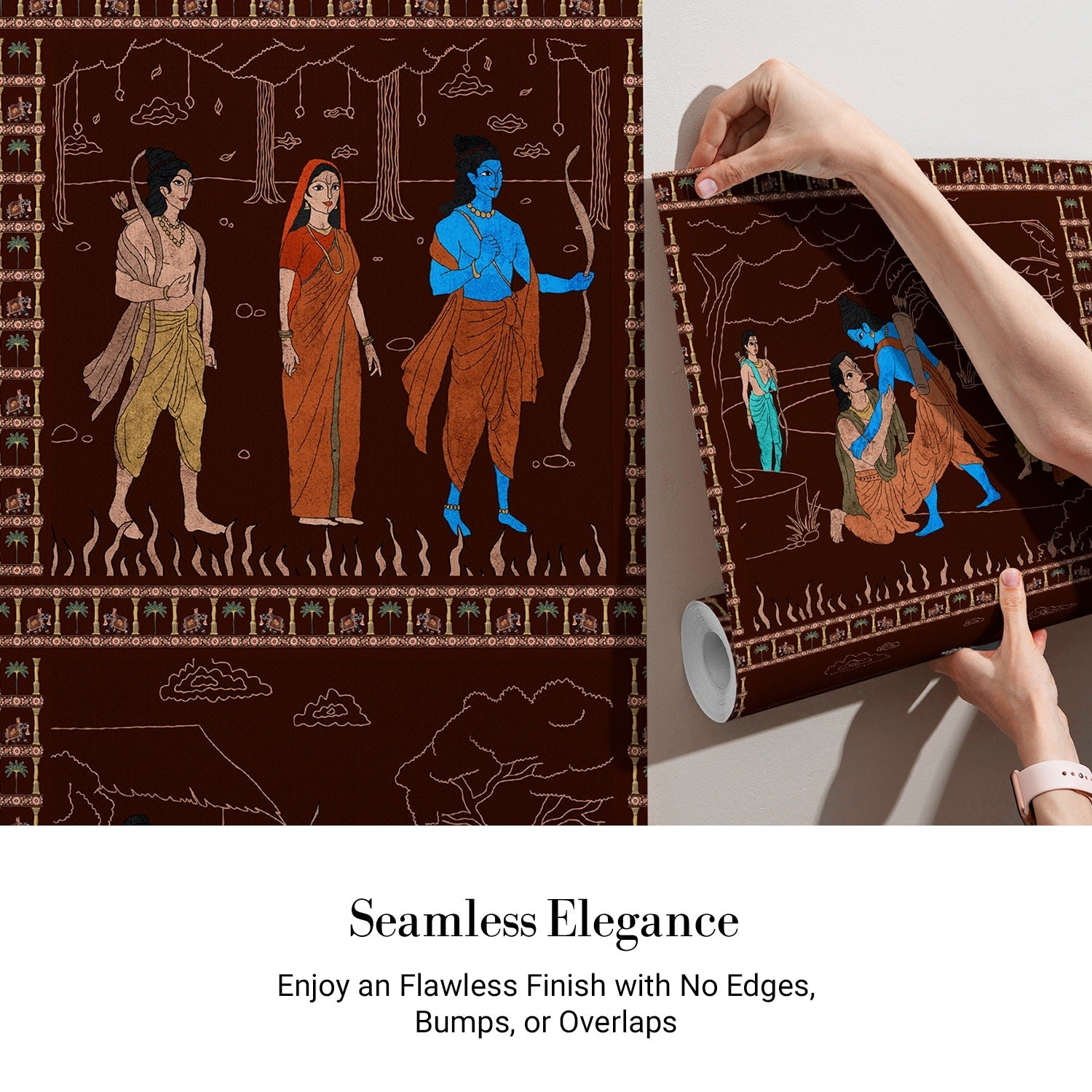 Classical Mediterranean frieze depicting mythological scenes in brown and blue on dark background - view 4 - final