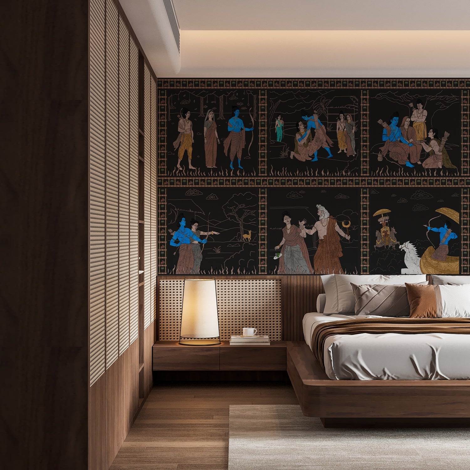 Classical Mediterranean frieze depicting mythological scenes in brown and blue on dark background - view 8 - final