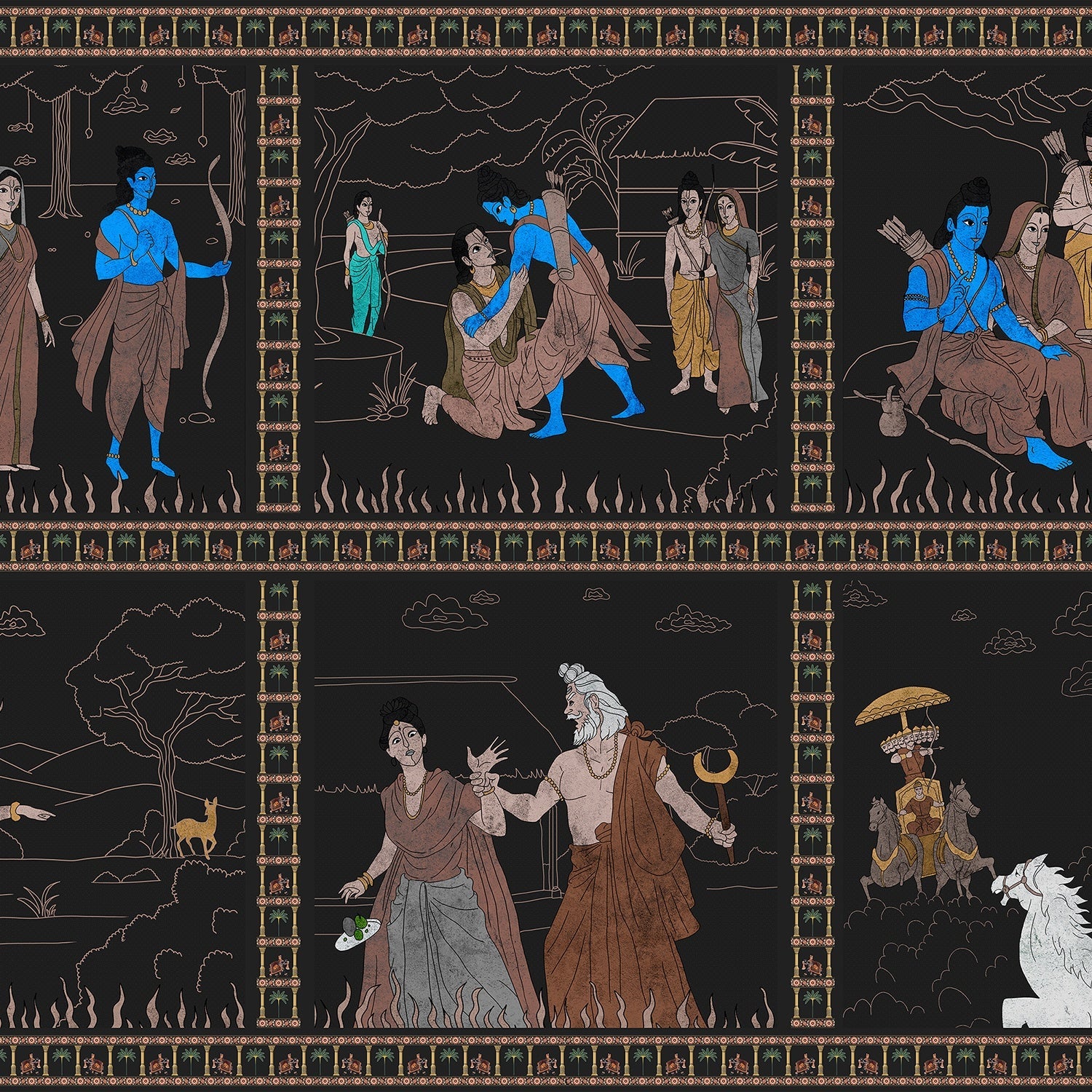 Classical Mediterranean frieze depicting mythological scenes in brown and blue on dark background - view 9 - final