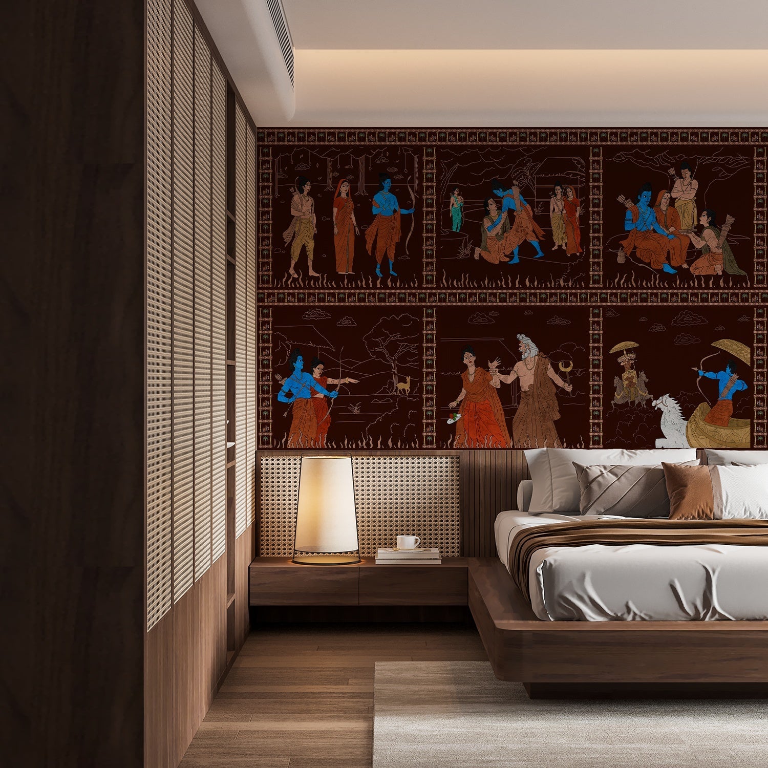 Classical Mediterranean frieze depicting mythological scenes in brown and blue on dark background - final bed-room